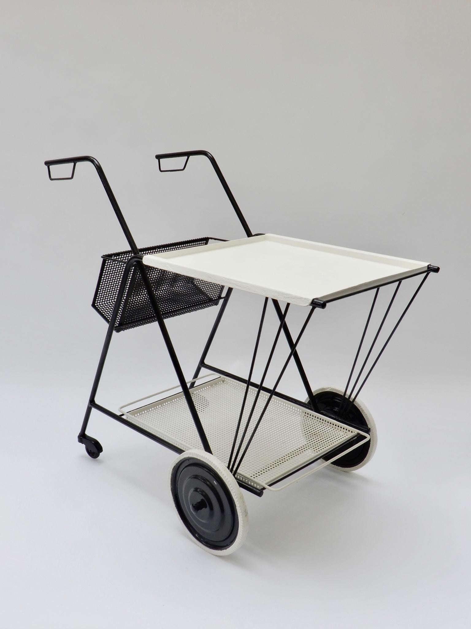 Black and white perforated metal bar cart, Mathieu Mathegot style, 1950s.