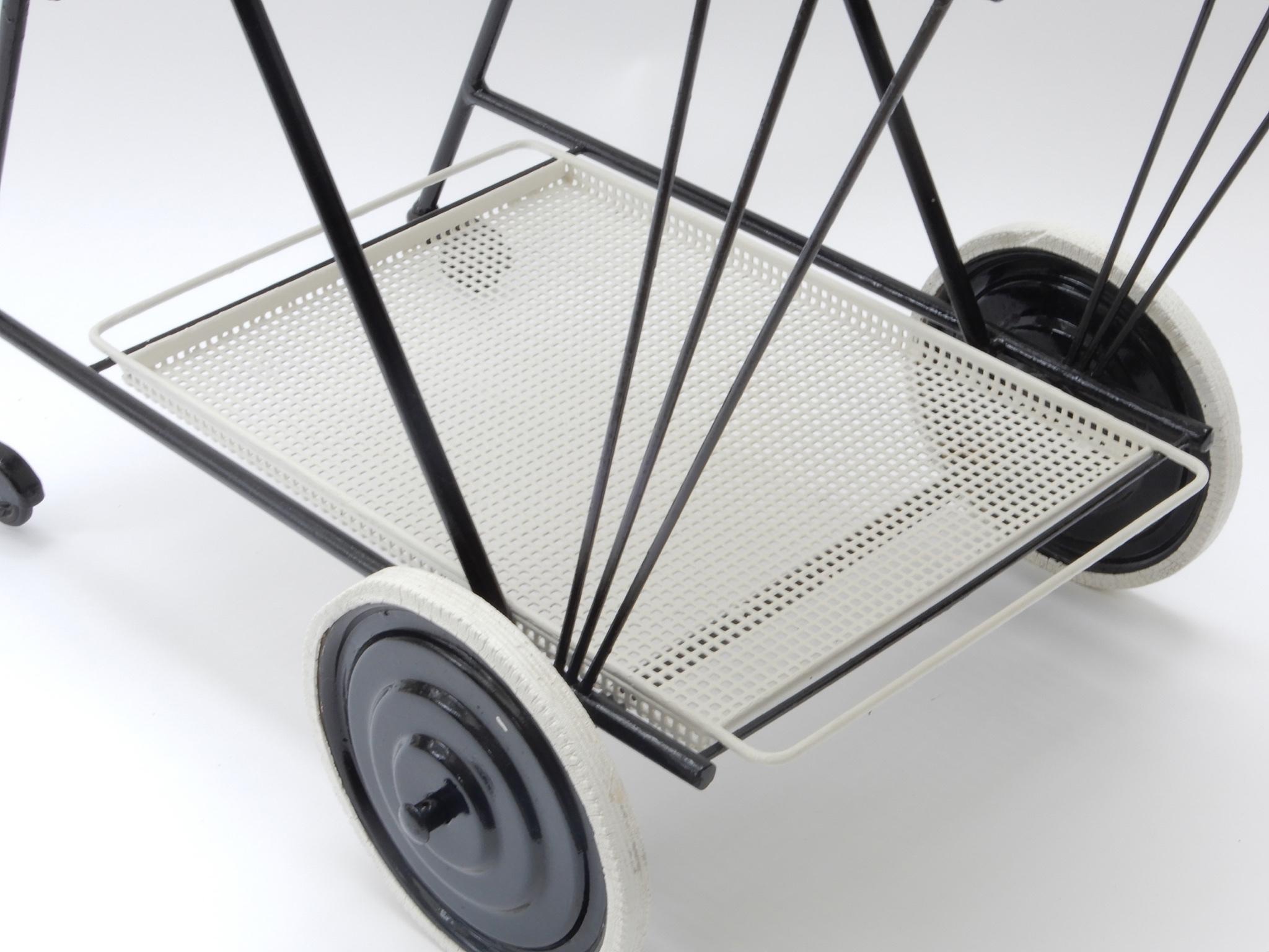 Mid-Century Modern Black and White Perforated Metal Bar Cart, Mathieu Mathegot Style, 1950s For Sale