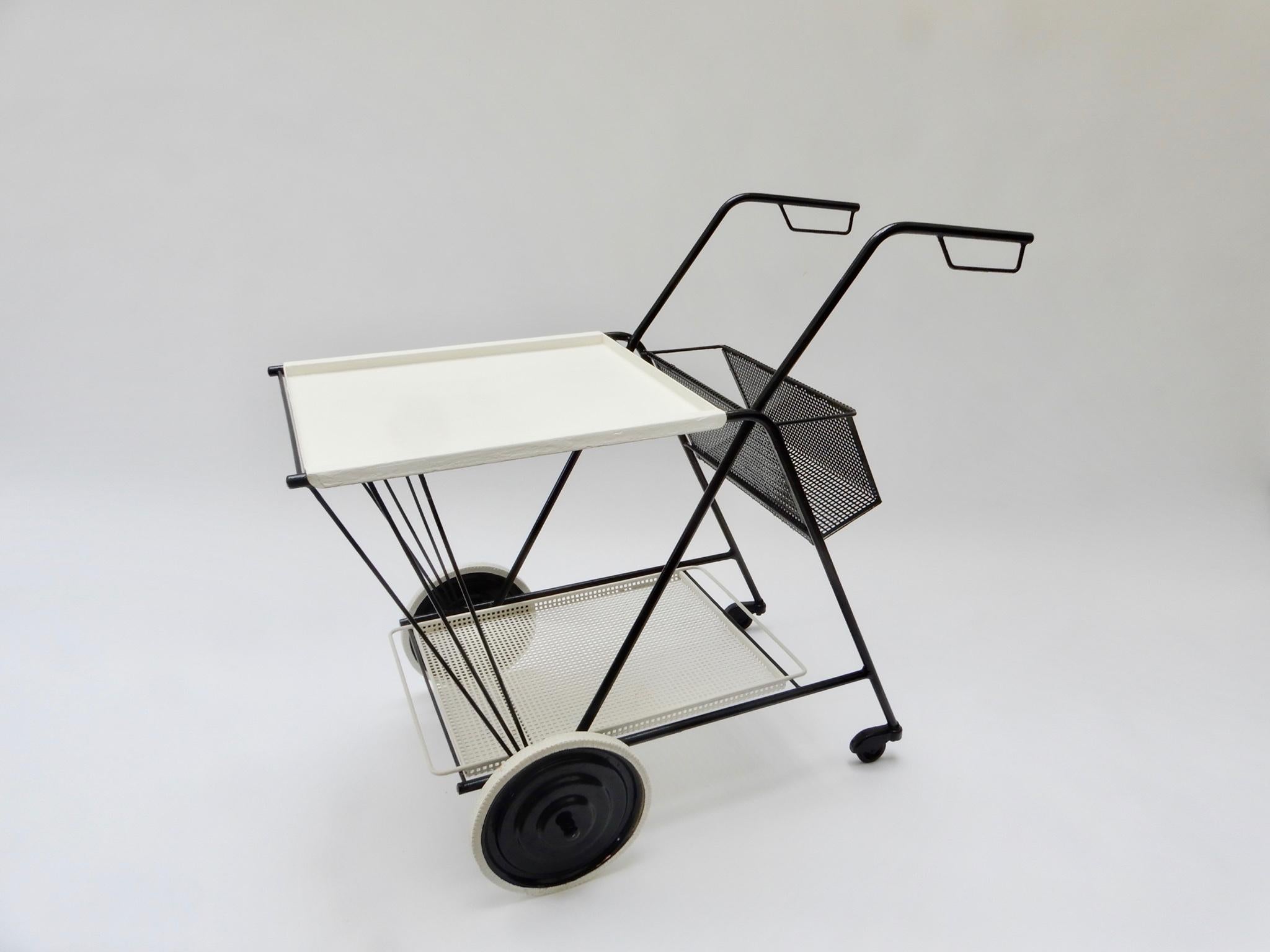 Black and White Perforated Metal Bar Cart, Mathieu Mathegot Style, 1950s In Good Condition For Sale In London, GB
