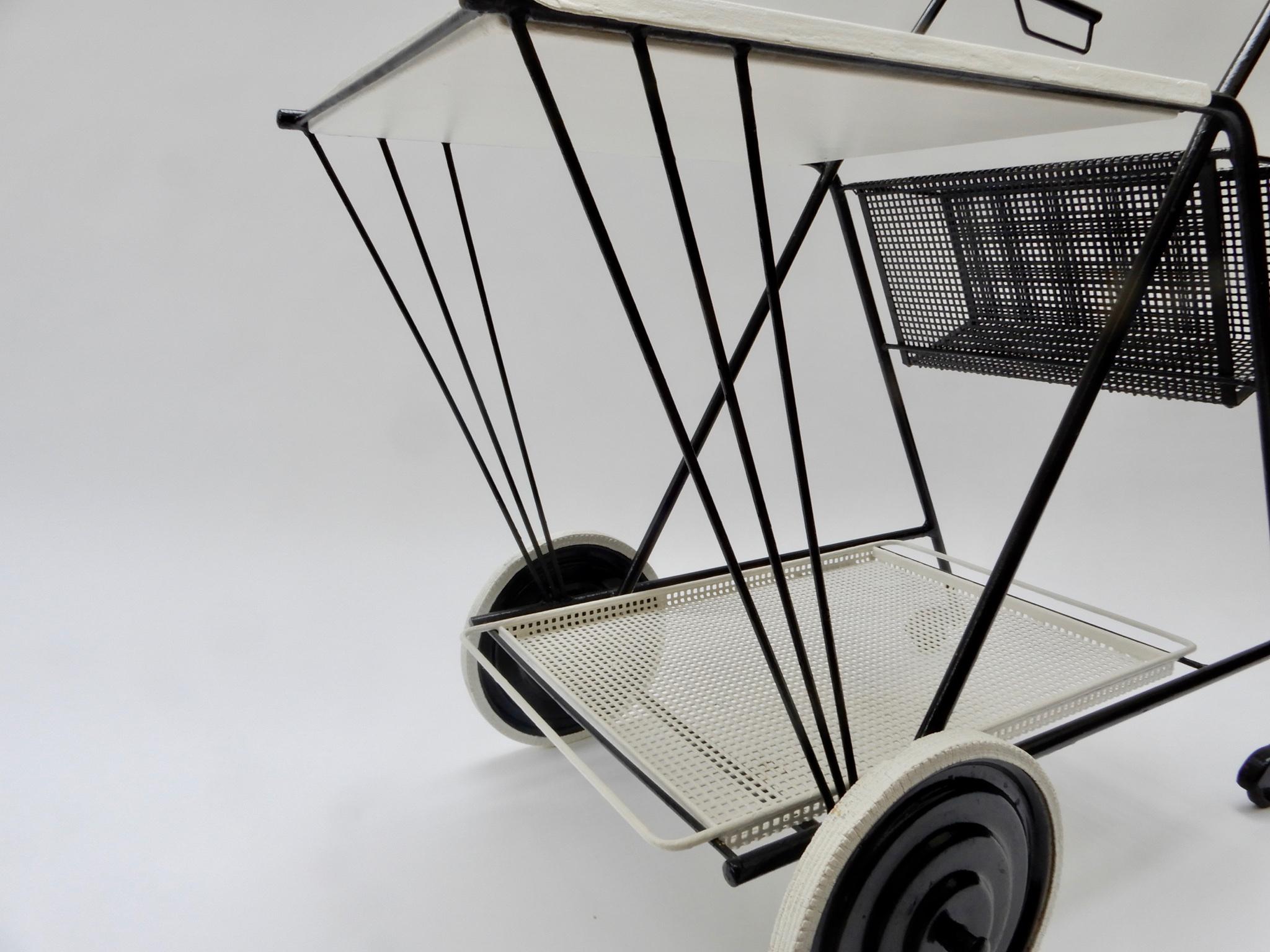 Mid-20th Century Black and White Perforated Metal Bar Cart, Mathieu Mathegot Style, 1950s For Sale