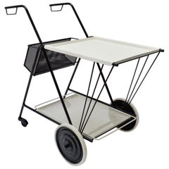 Carrito de bar de metal perforado blanco y negro, estilo Mathieu Mathegot, años 50