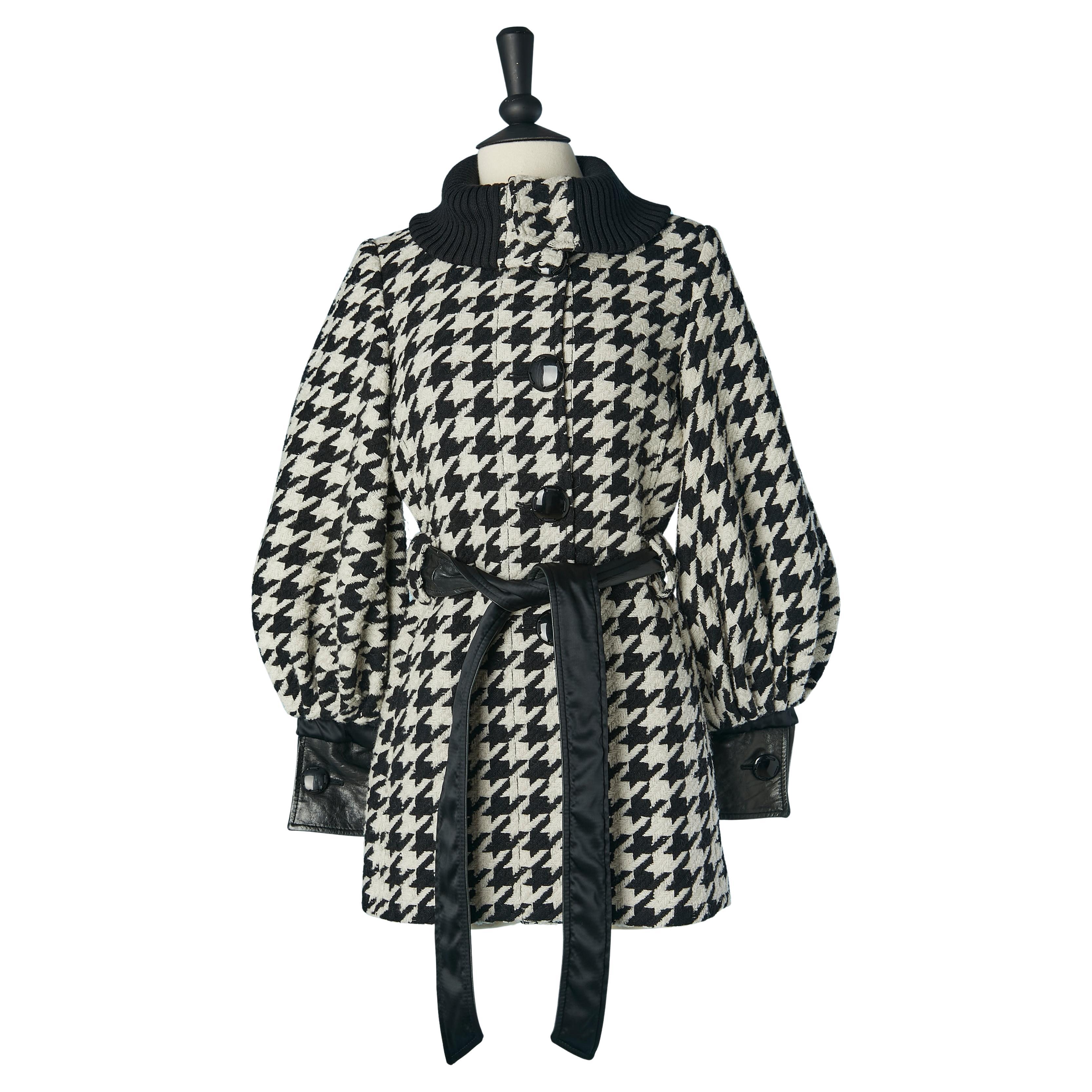 Black and white "Pied de coq" pattern jacket with leather belt D&G Dolce Gabbana For Sale