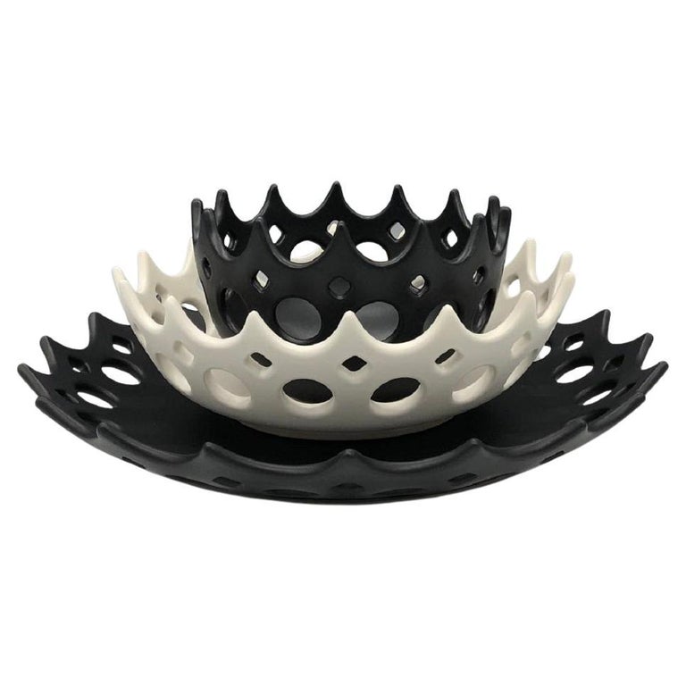 Black and White Pierced Ceramic Nesting Bowls, in Stock For Sale