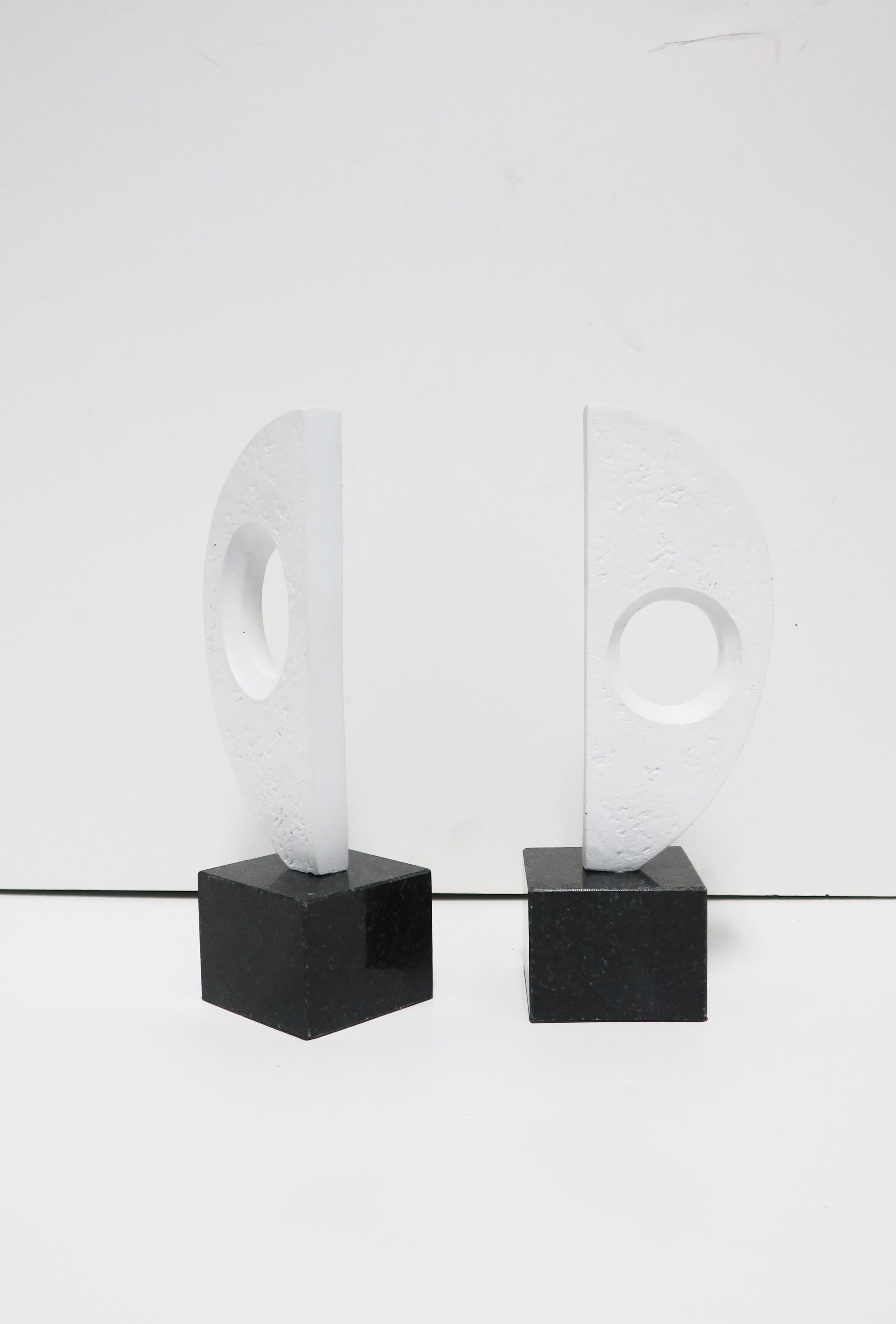 White Plaster and Black Marble Abstract Sculptures or Bookends, Pair 2