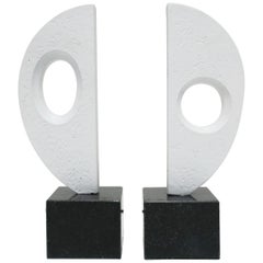 White Plaster and Black Marble Abstract Sculptures or Bookends, Pair