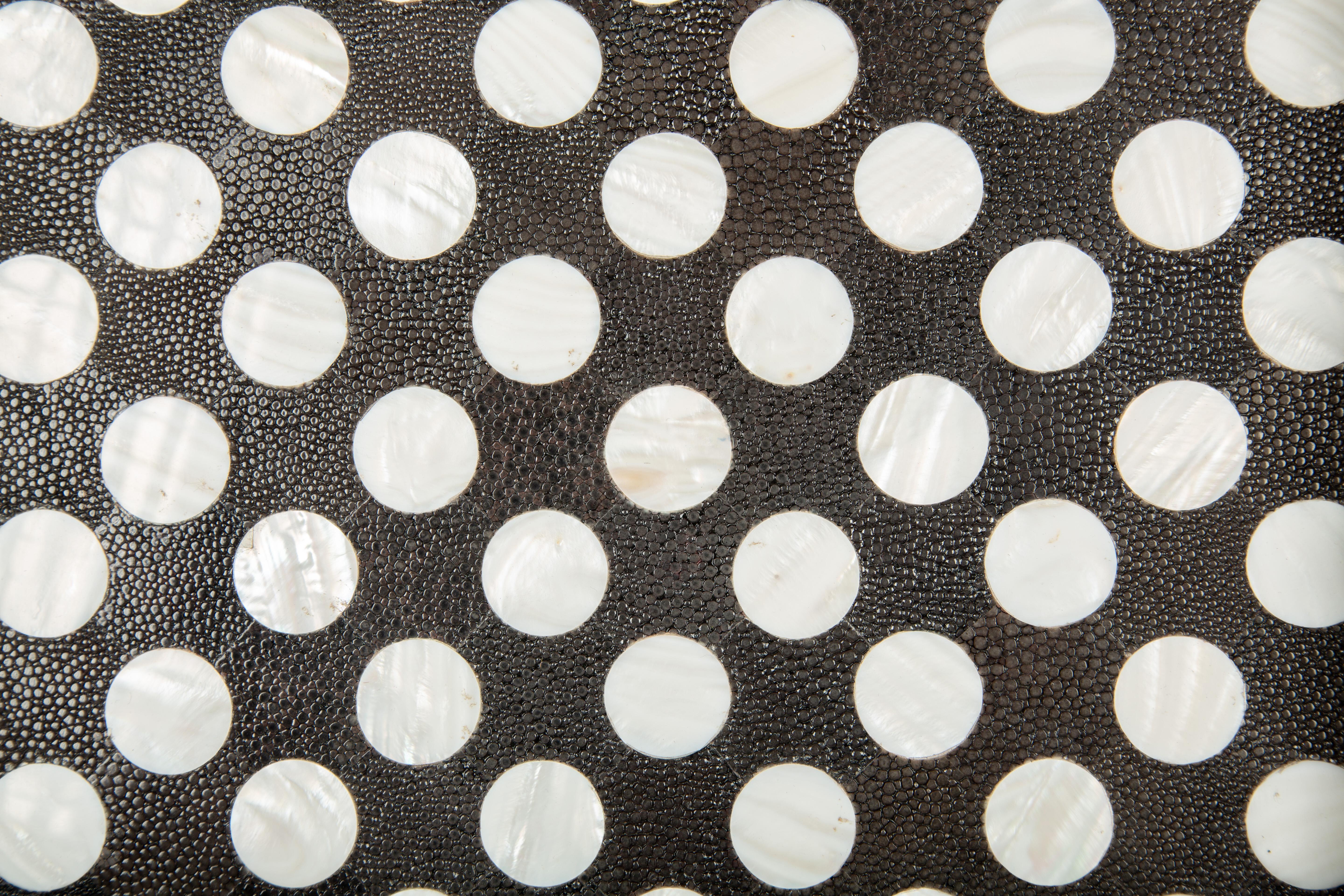 French Black and White Polka Dot Shagreen and Mother of Pearl Square Tray For Sale