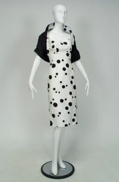 Black and White Polka Dot Sleeveless Wiggle Dress w Reversible Wrap - XS, 1950s