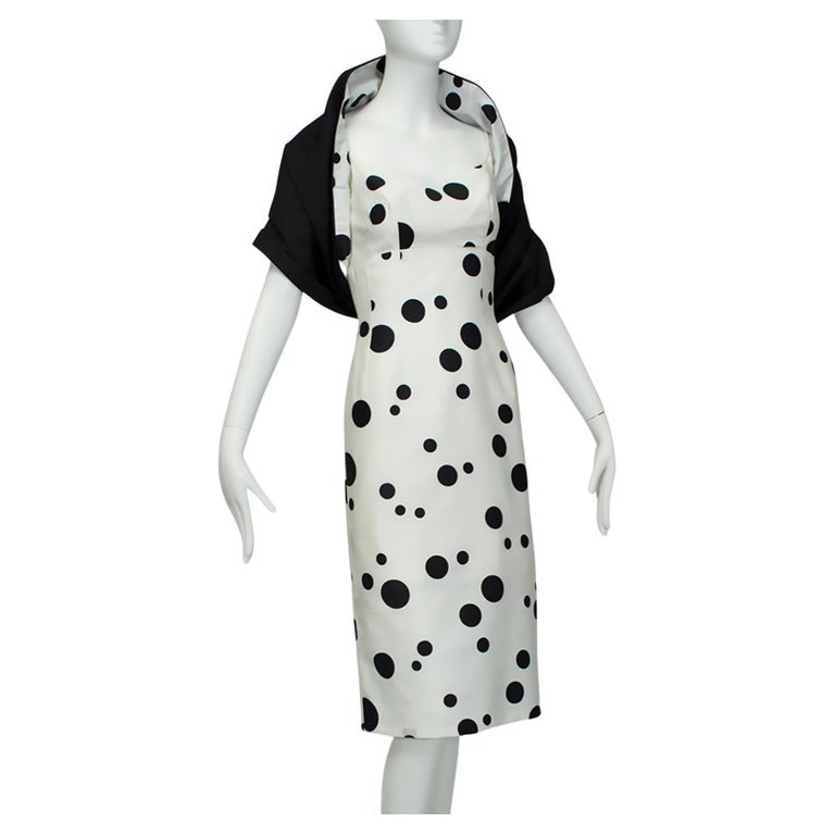 Black And White Polka Dot Sleeveless Wiggle Dress W Reversible Wrap - Xs, 1950s