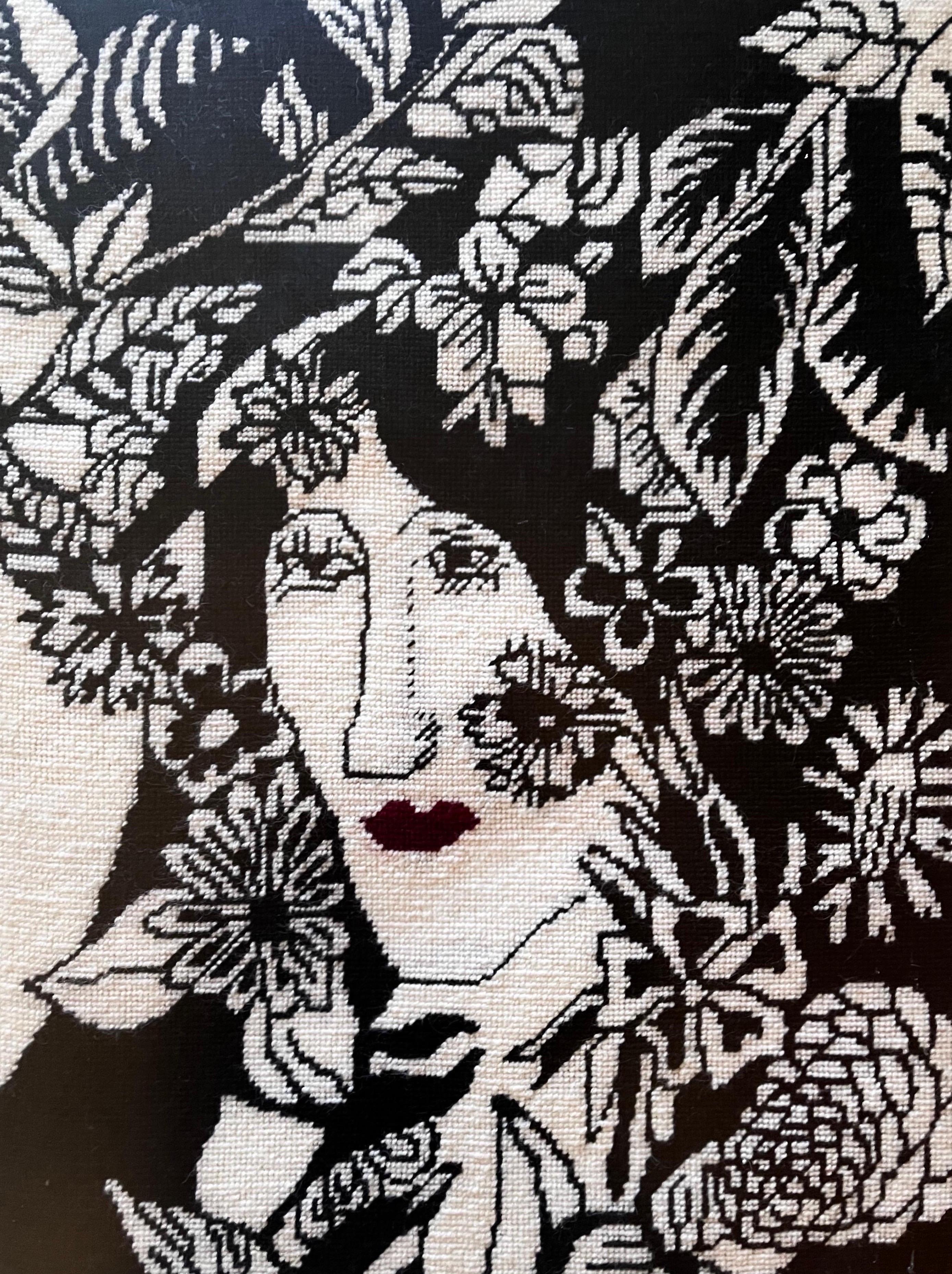 Bohemian Black and White Portrait in Needlepoint For Sale