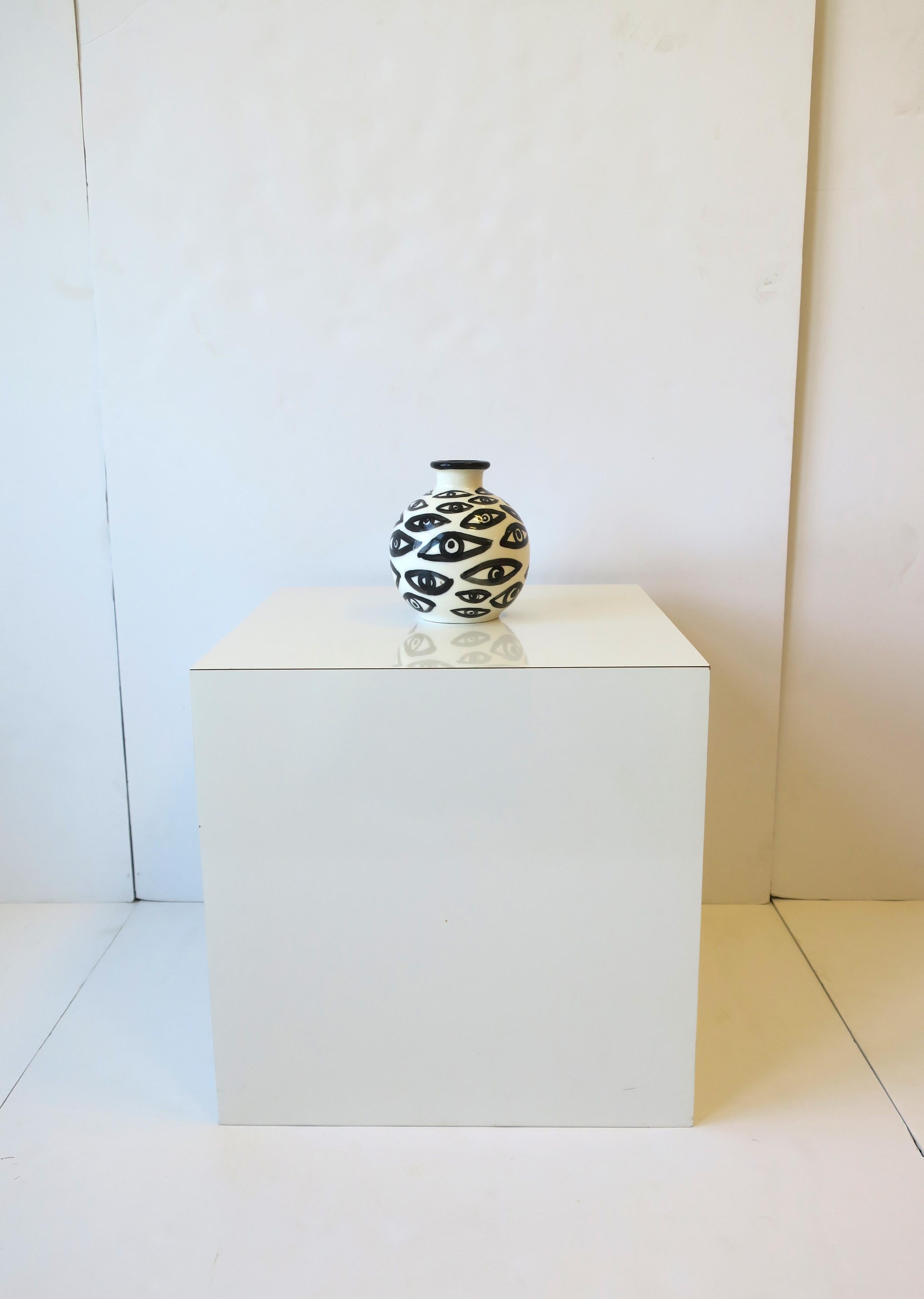 Contemporary Black and White Pottery Vase with Eye Design For Sale