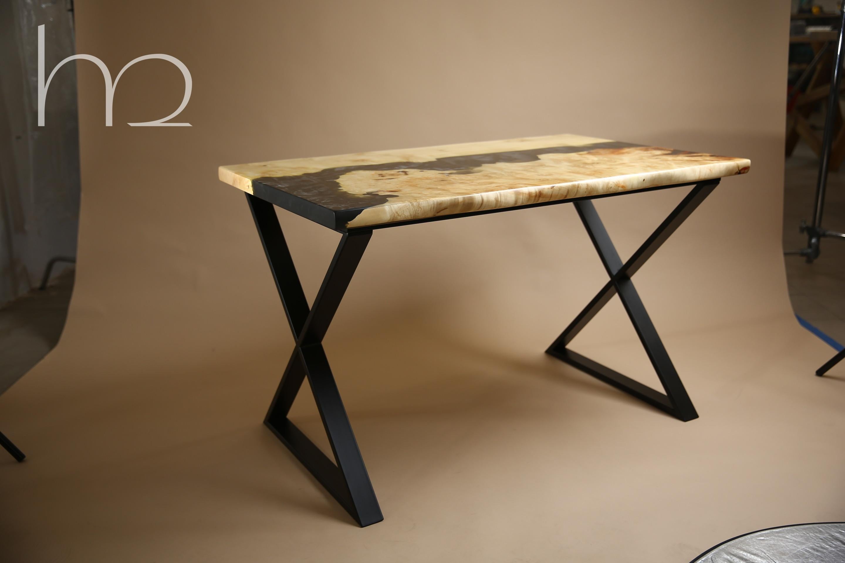 Arts and Crafts Black and White Old Wood Burl Live Edge Black Modern Dining Table Handcrafted  For Sale