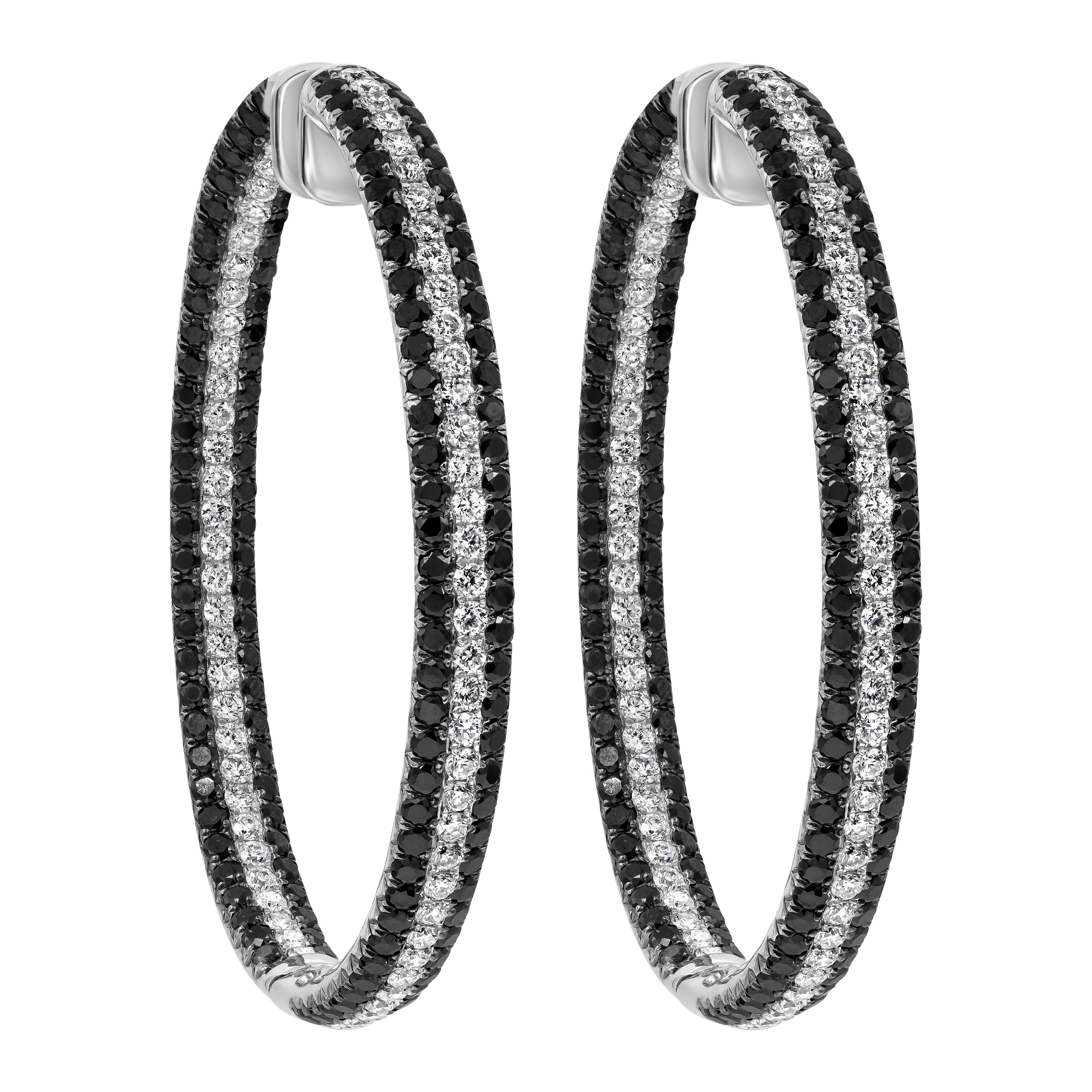Roman Malakov 9.60 Carats Total Black and White Round Diamond Pave Hoop Earrings For Sale