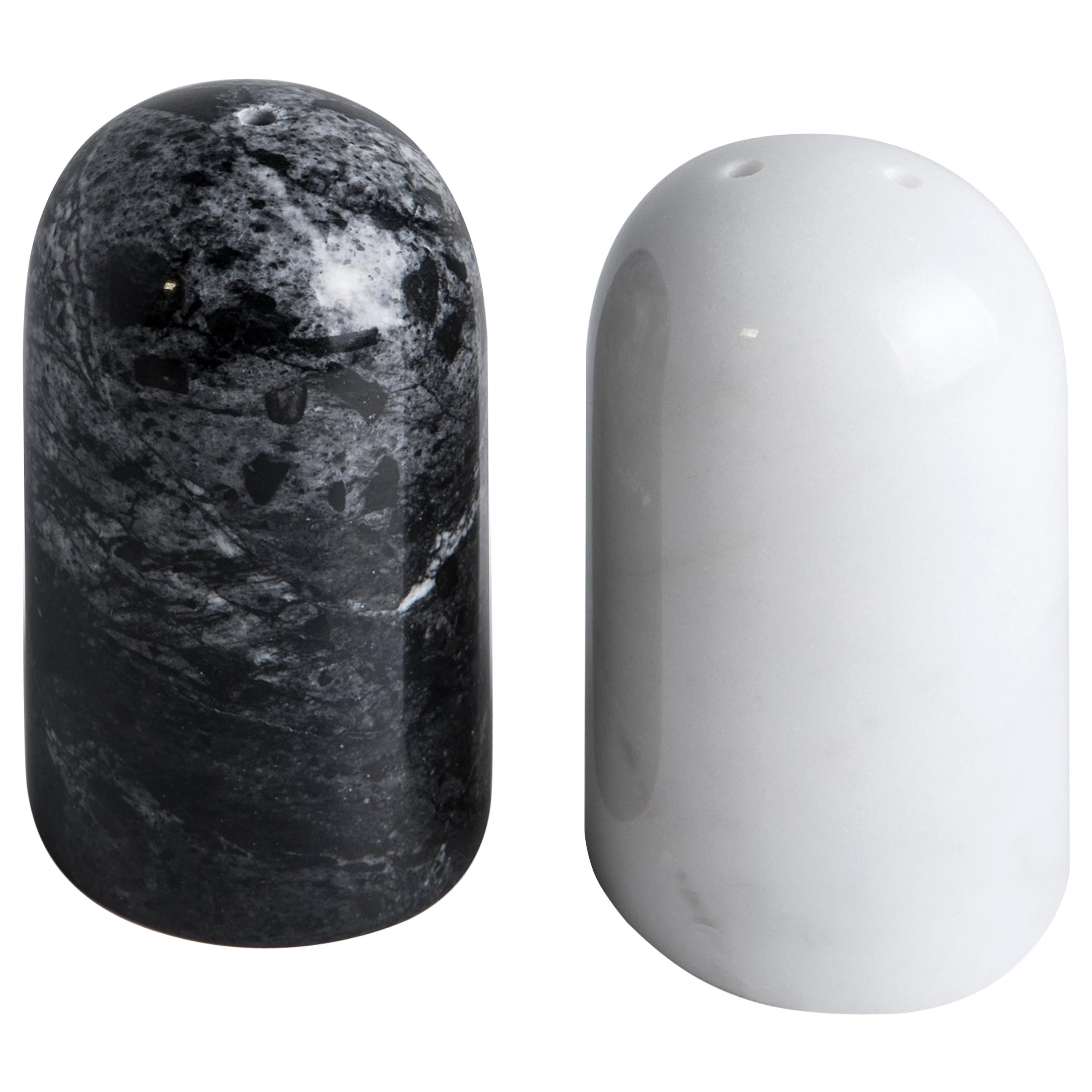 Handmade Black Marquina and White Carrara Marble Rounded Salt and Pepper Set For Sale