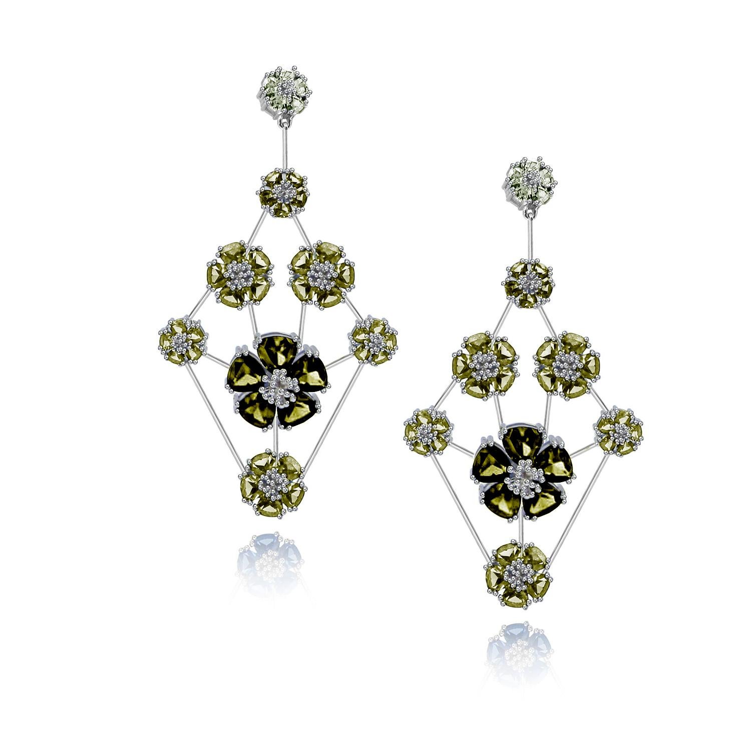 Trillion Cut White Topaz, Gray and Black Spinel Blossom Triple-Tier Chandelier Earrings For Sale