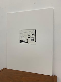 Black and White Ski Lift Signed &Dated 2003 Minimalist Winter Scene Matted Print