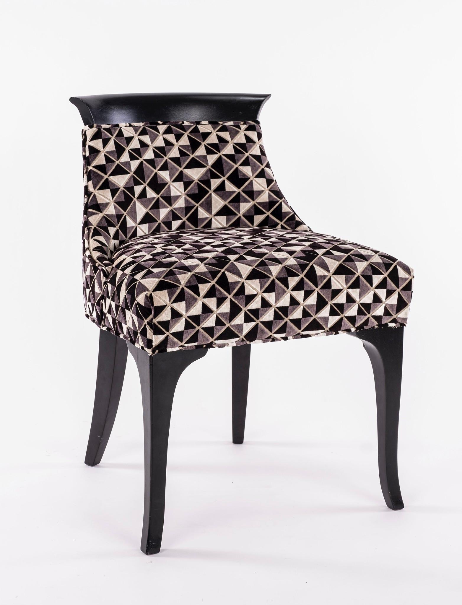 Vintage ebonized slipper chair newly upholstered in a graphic black, white and gray playful geometric velvet.