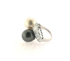 Black and White South Sea Pearls, Baguette Diamonds and Platinum Ring