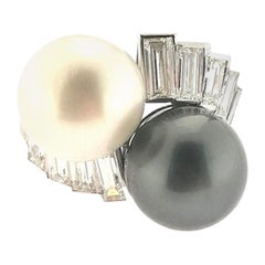 Black and White South Sea Pearls, Baguette Diamonds and Platinum Ring