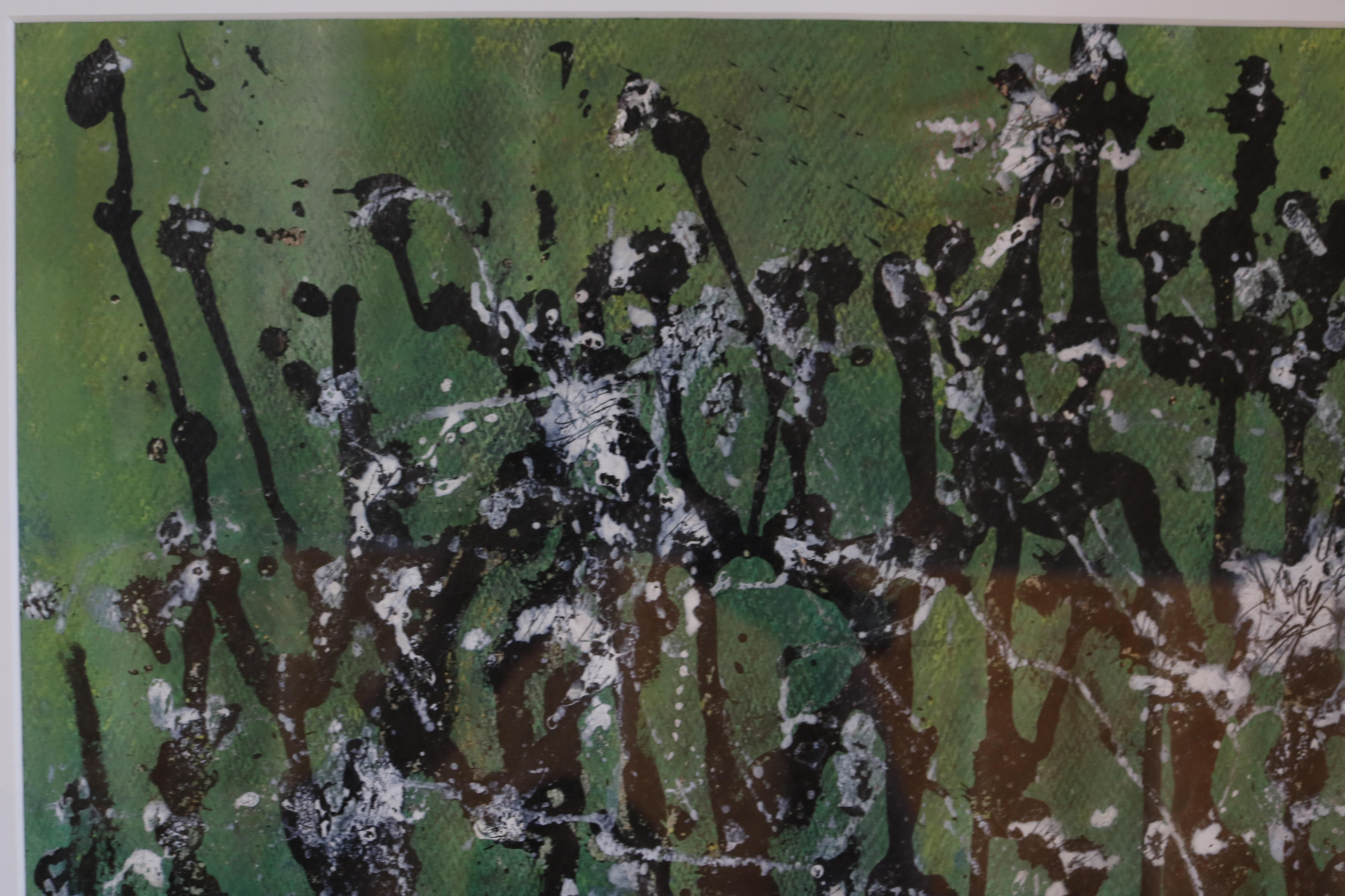 Mid-Century Modern Black and White Splat on Emerald Gouache by Honora Berg