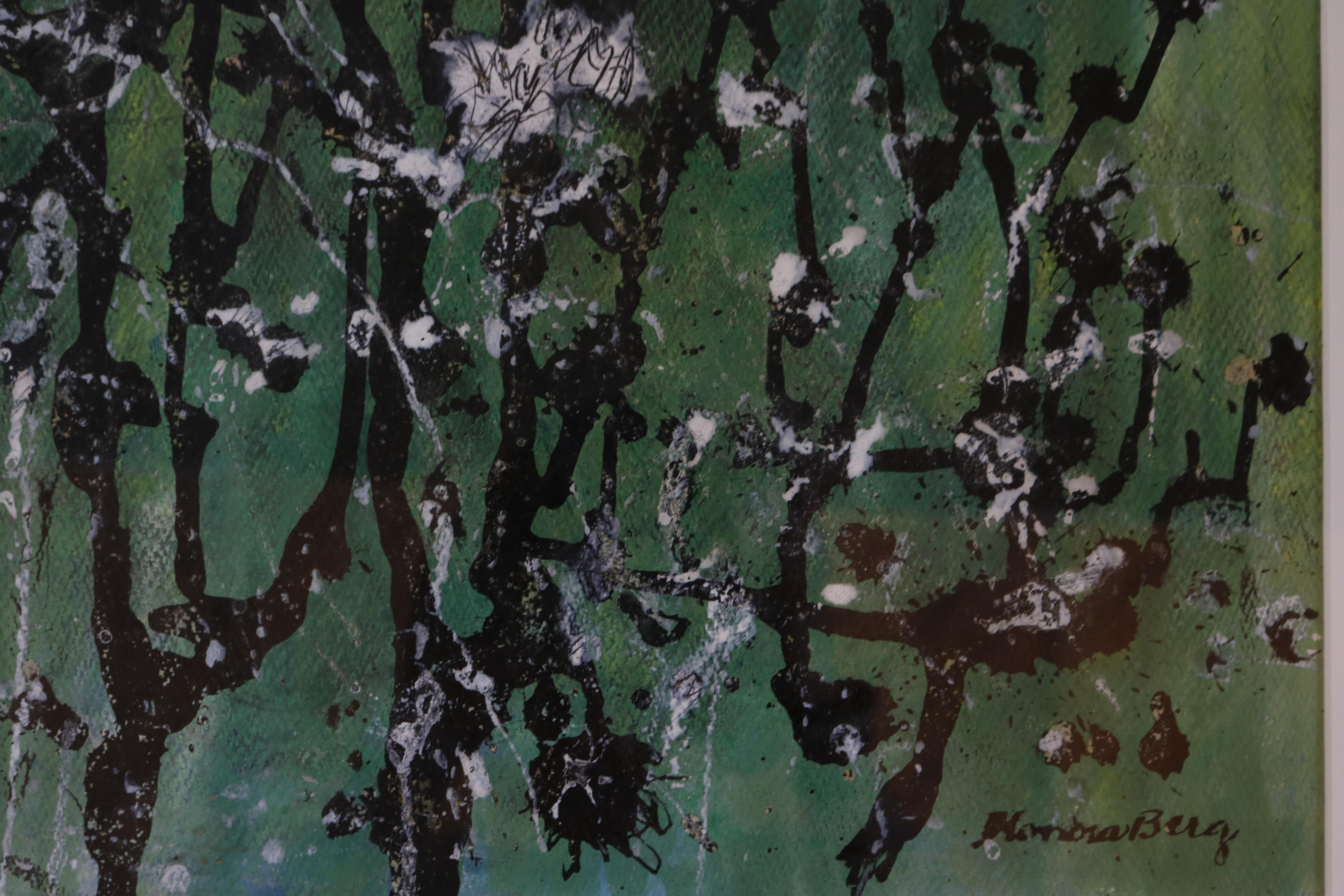 Painted Black and White Splat on Emerald Gouache by Honora Berg