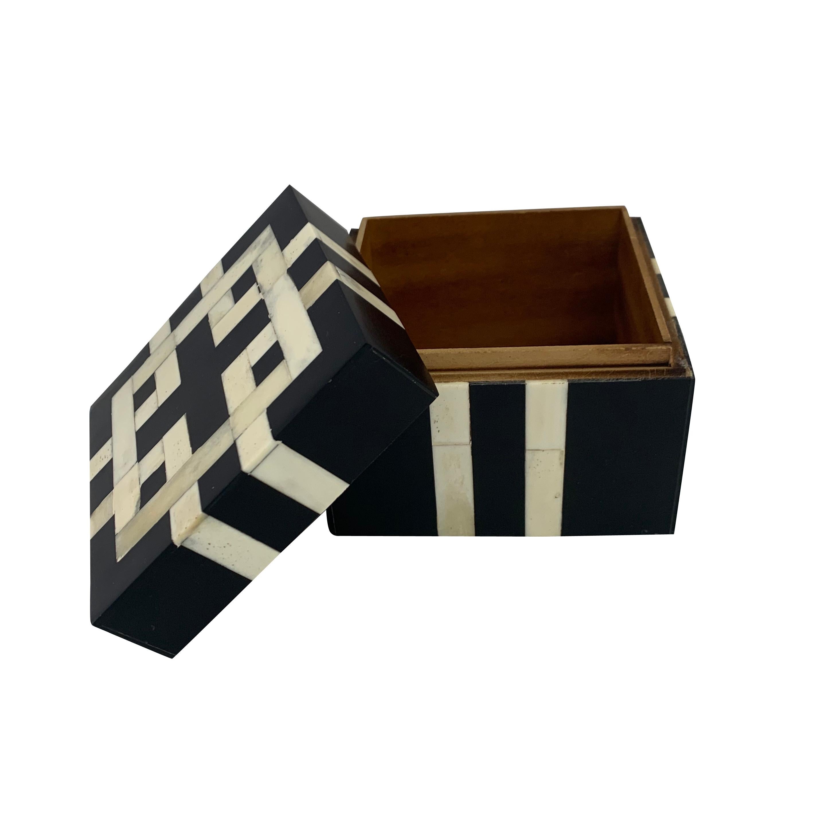 Indian Black and White Square Bone Inlay Box, India, Contemporary