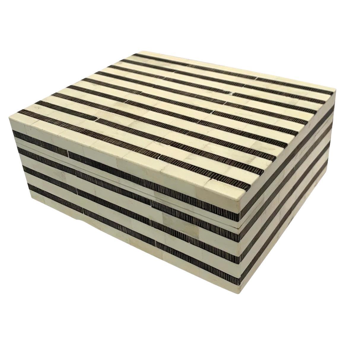 Black and White Stripe Lidded Bone Box, India, Contemporary For Sale