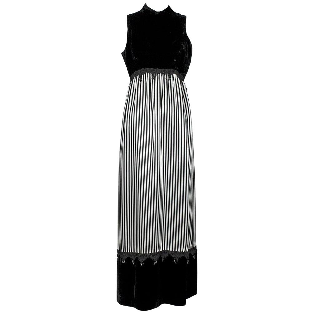 Black White Stripe Velvet and Satin Gondolier Gown with Dangling Gems - S, 1960s For Sale