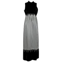 Vintage Black White Stripe Velvet and Satin Gondolier Gown with Dangling Gems - S, 1960s