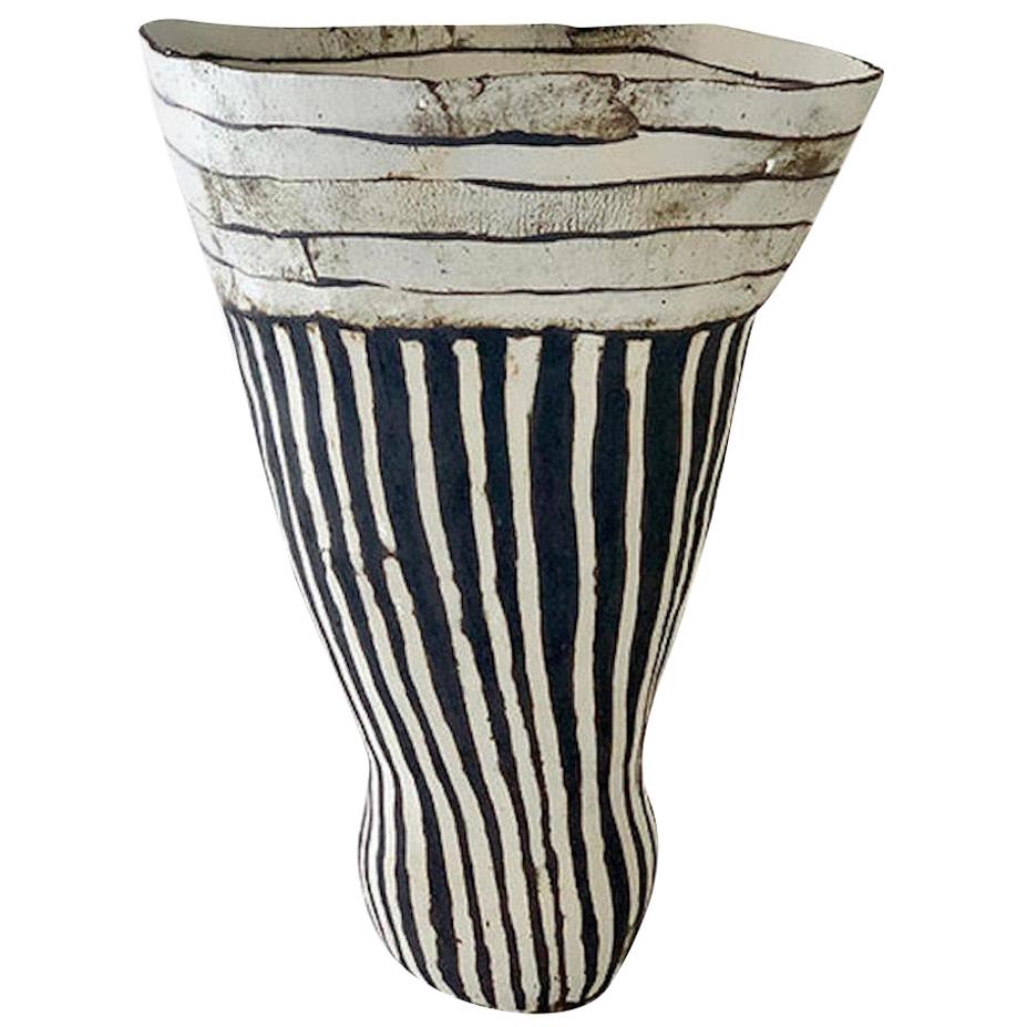 Black and White Stripe Ceramic Vase By Brenda Holzke, USA, Contemporary
