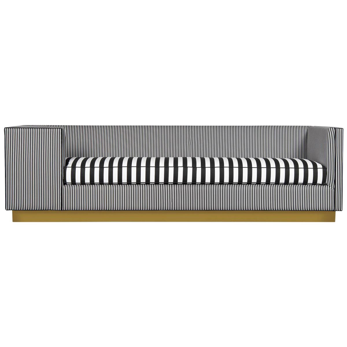 Black and White Striped Asymmetrical Sofa with Brass Toe Kick Base For Sale