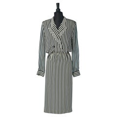 Vintage Black and white striped day dress wrapped on the top Louis Féraud