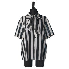 Black and white striped short sleeve blouse with bow Christian Dior