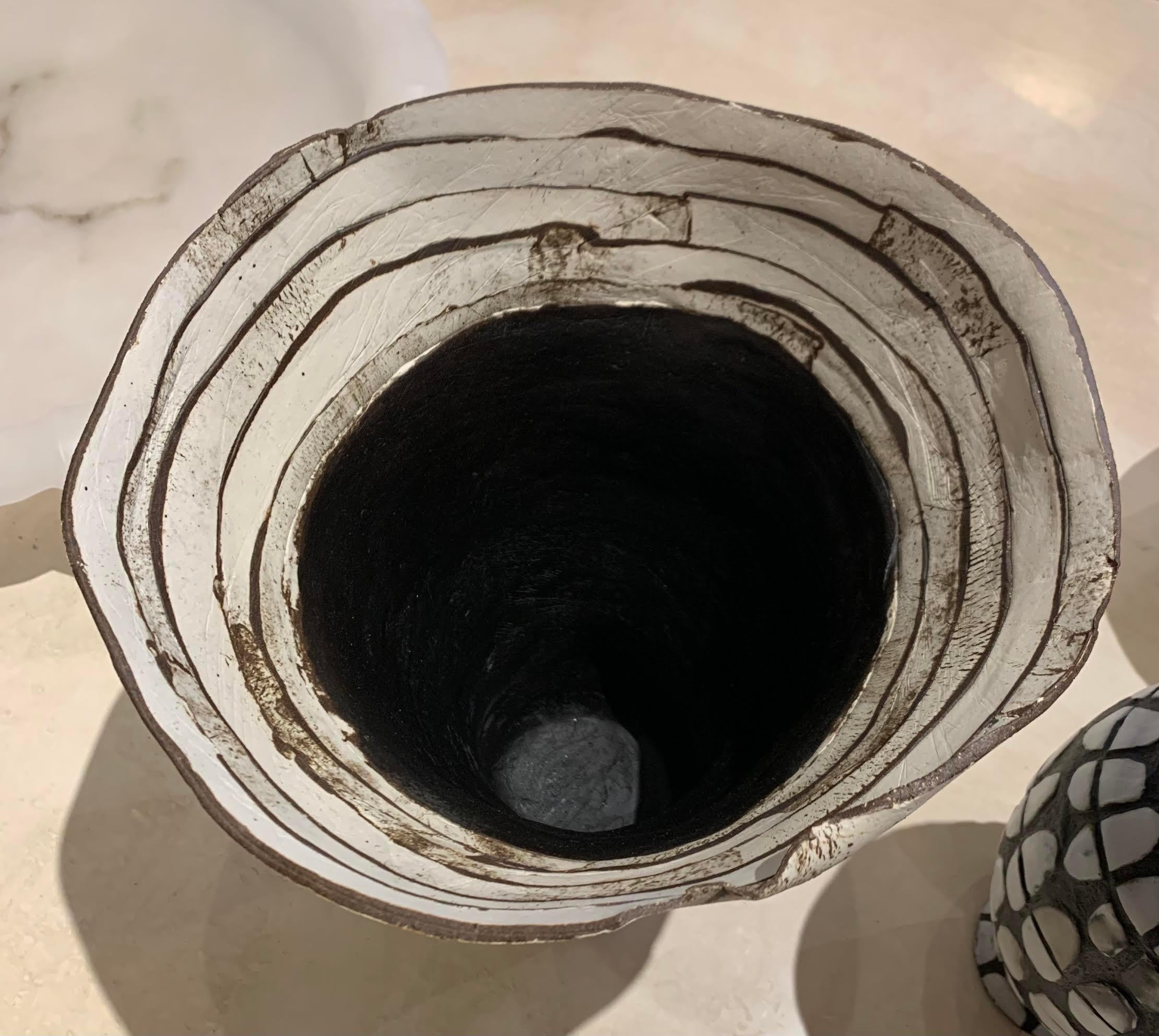 North American Black and White Stripe Ceramic Vase By Brenda Holzke, USA, Contemporary