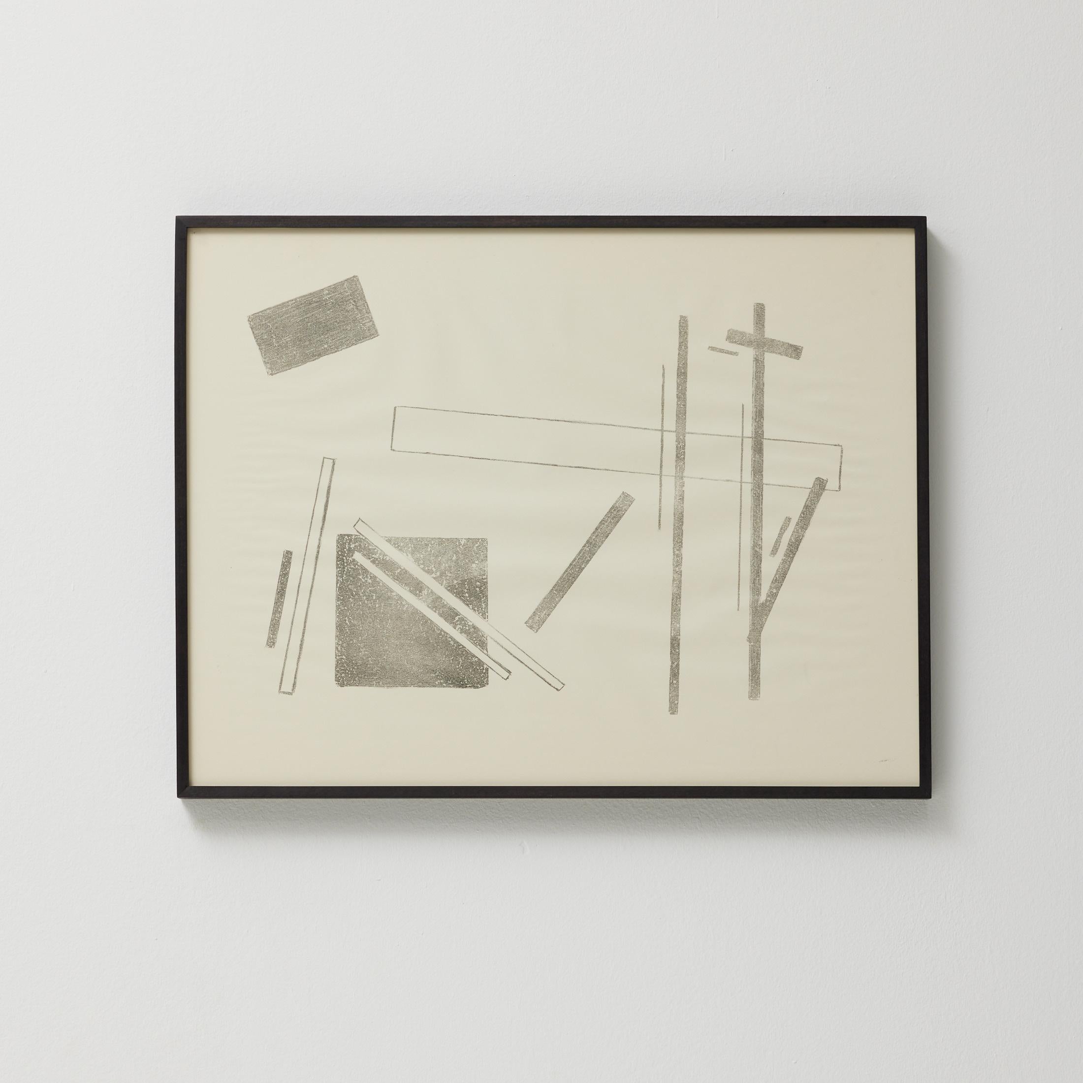 Eine kühne und auffällige Schwarz-Weiß-Lithografie des zeitgenössischen Künstlers Vastian, die im suprematistischen Stil ausgeführt ist. Dieses Werk verkörpert die radikale Herangehensweise der Bewegung an die Abstraktion und betont geometrische