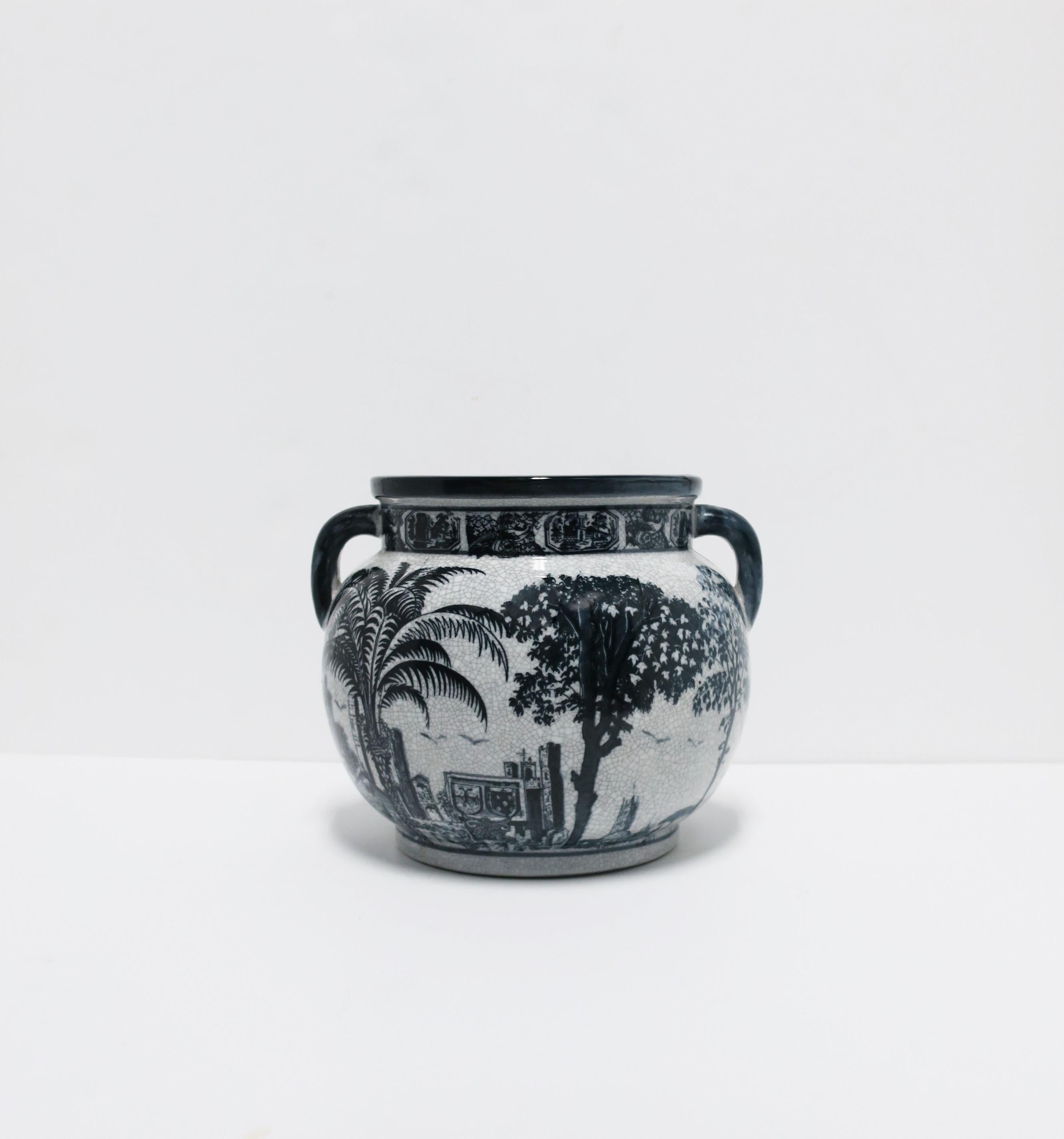 Glazed Black and White 'Toile' Ceramic Cachepot Jardinière Plant Pot Holder