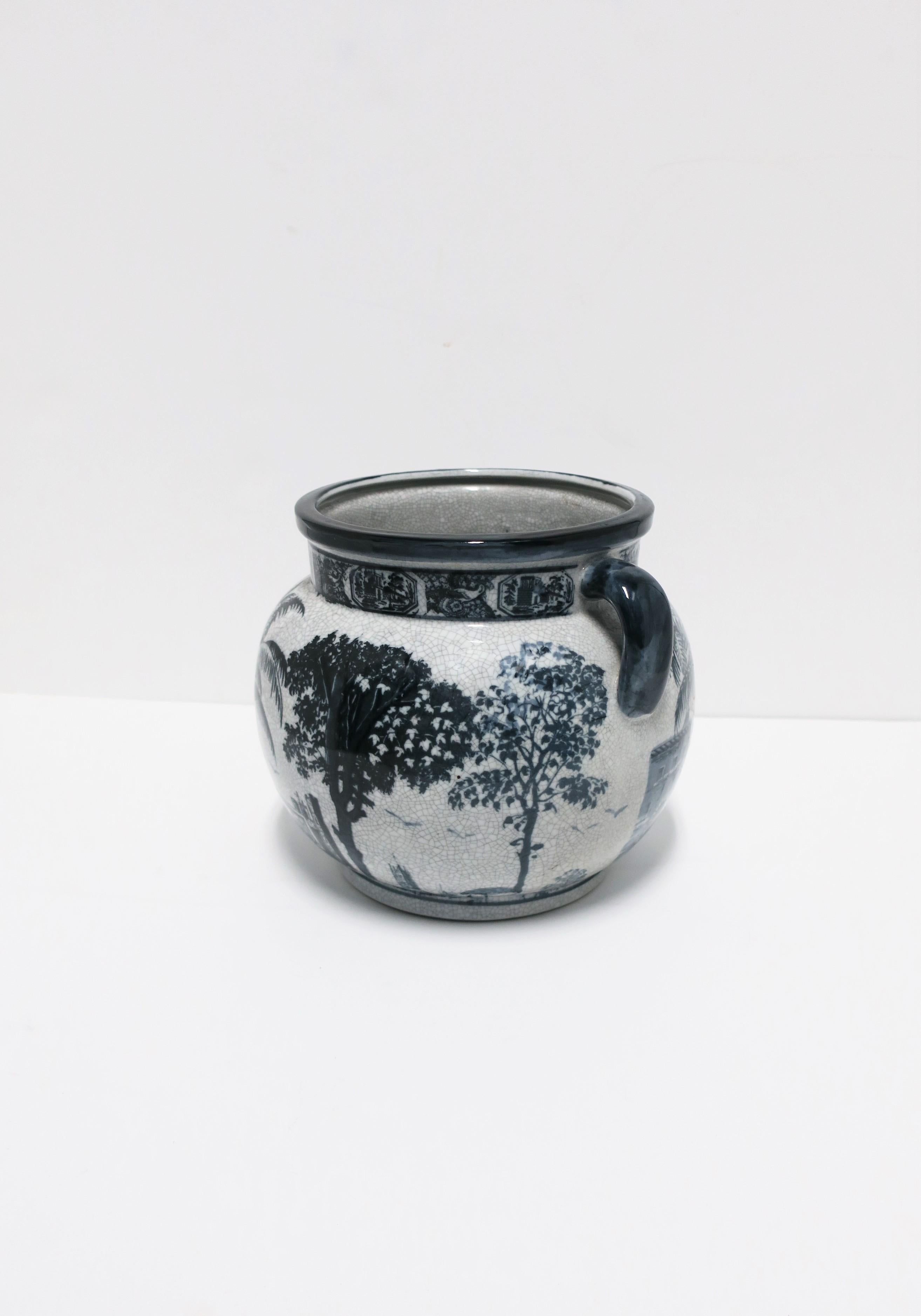 Late 20th Century Black and White 'Toile' Ceramic Cachepot Jardinière Plant Pot Holder