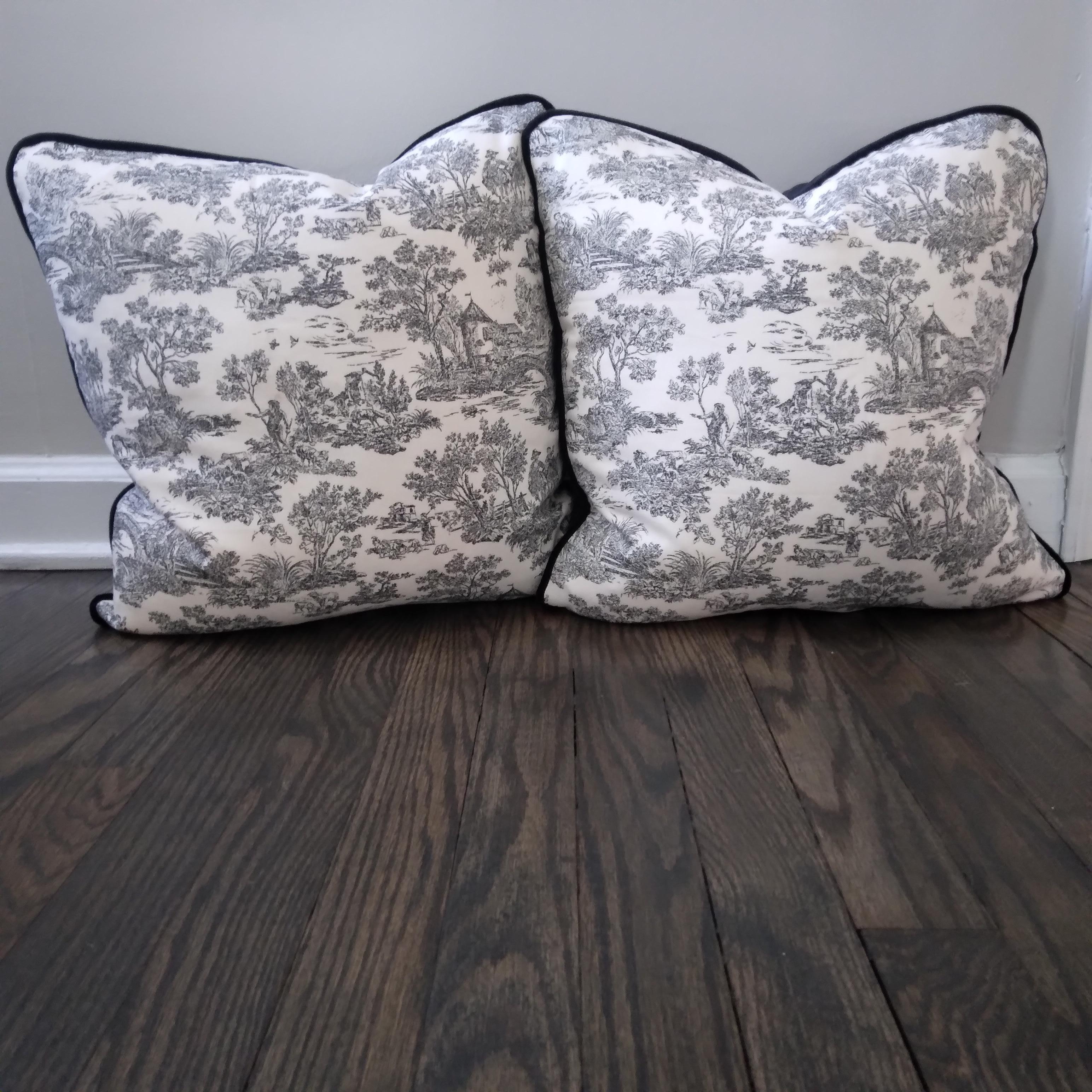 Classic and whimsical, these stylish pillows are the perfect way to enliven to home. Bucolic-inspired scenes represented in high-contrast black on white, create a romantic feel that we just love! Black velvet covers the back and welt, amplifying the