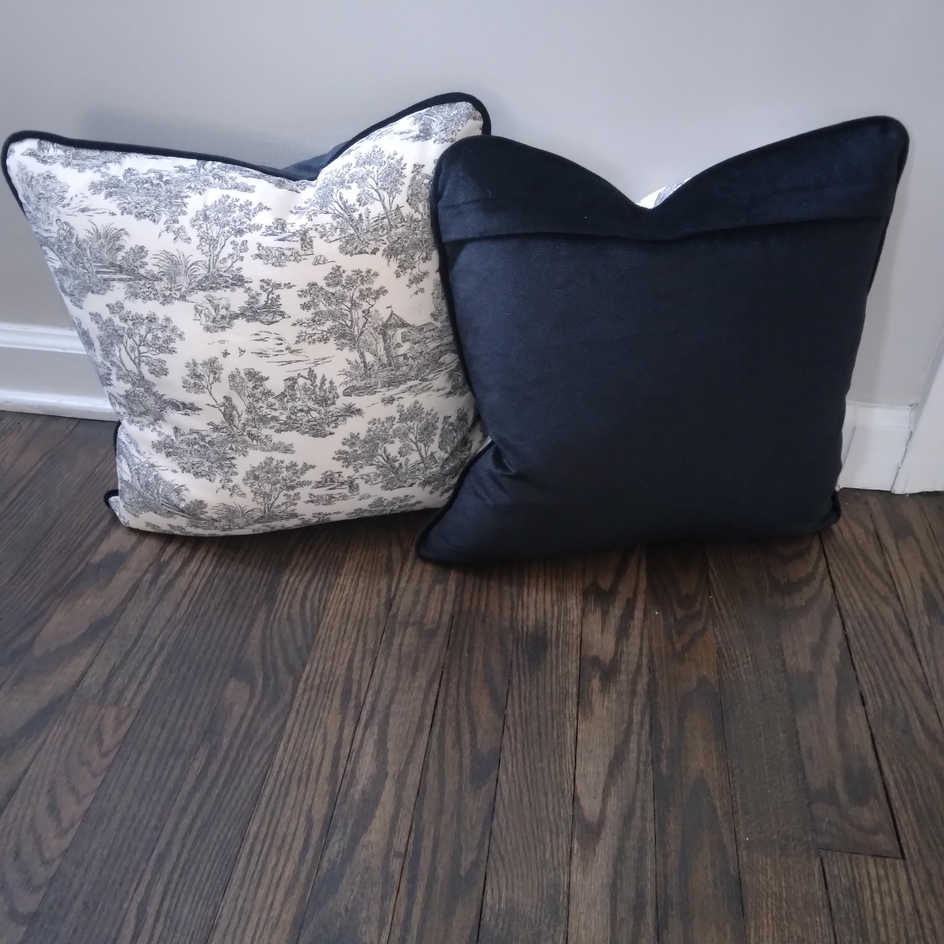 Aesthetic Movement Black and White Toile Print Pillows with Black Velvet Backing - a pair For Sale