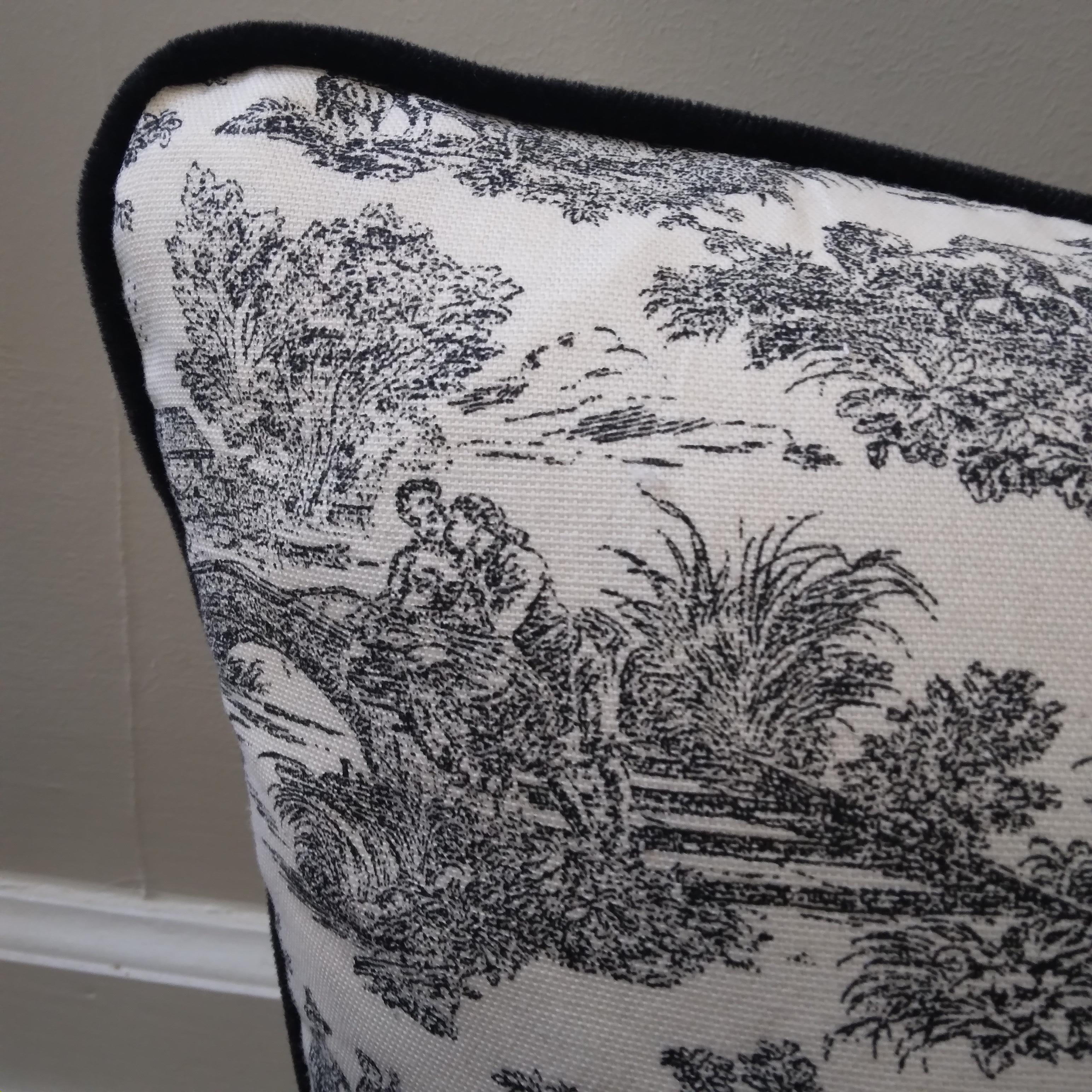 Black and White Toile Print Pillows with Black Velvet Backing - a pair In New Condition For Sale In Munster, IN