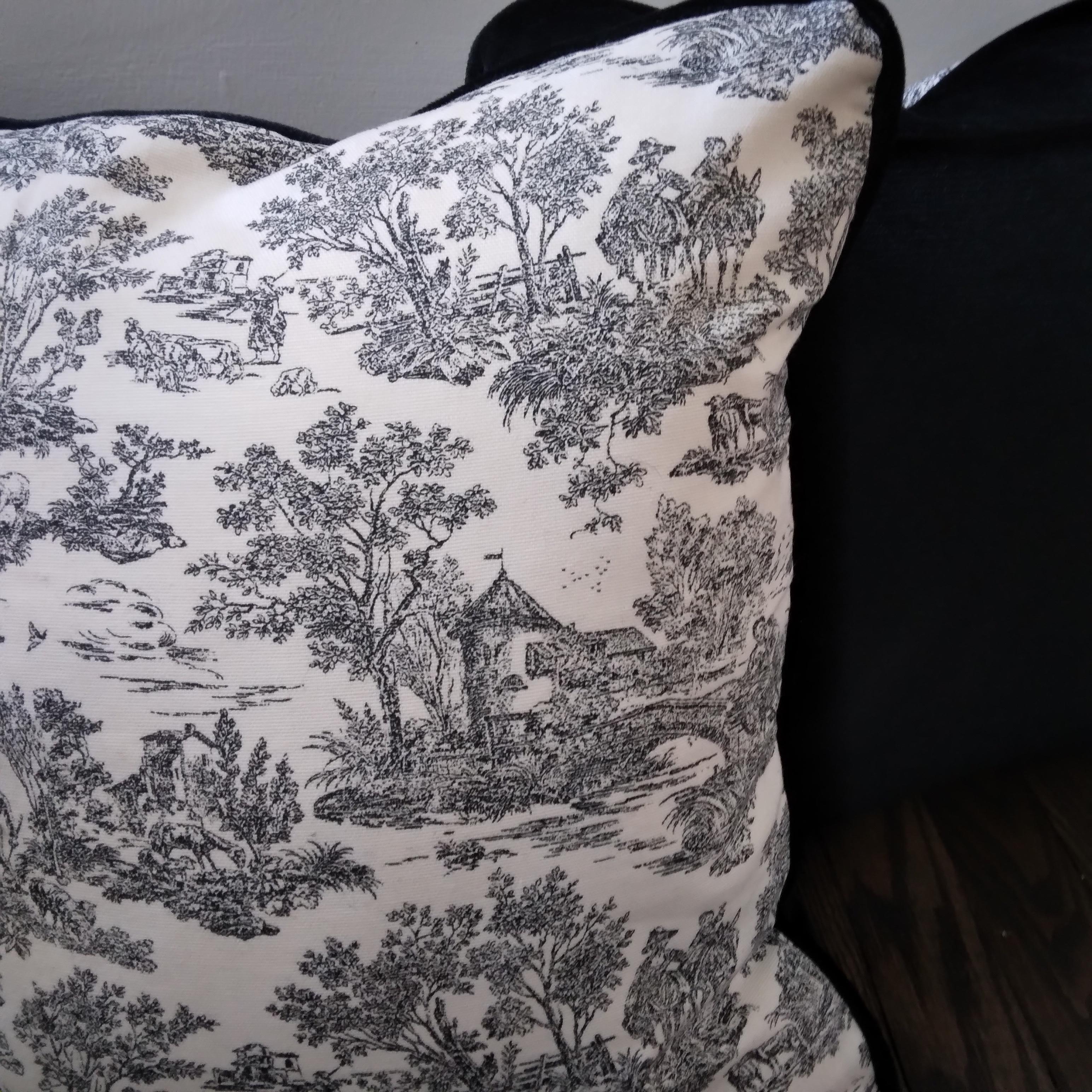 Contemporary Black and White Toile Print Pillows with Black Velvet Backing - a pair For Sale