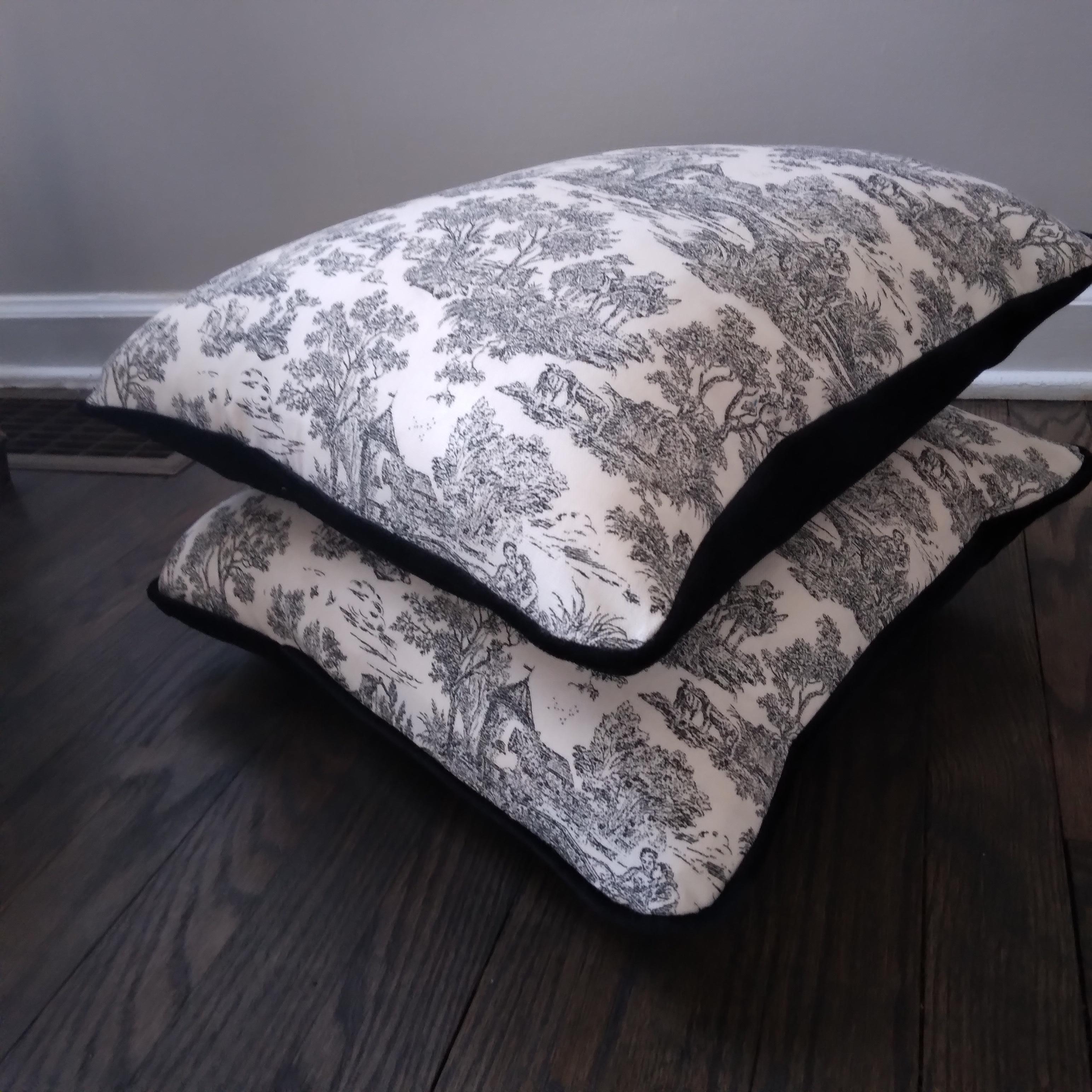 Black and White Toile Print Pillows with Black Velvet Backing - a pair For Sale 1