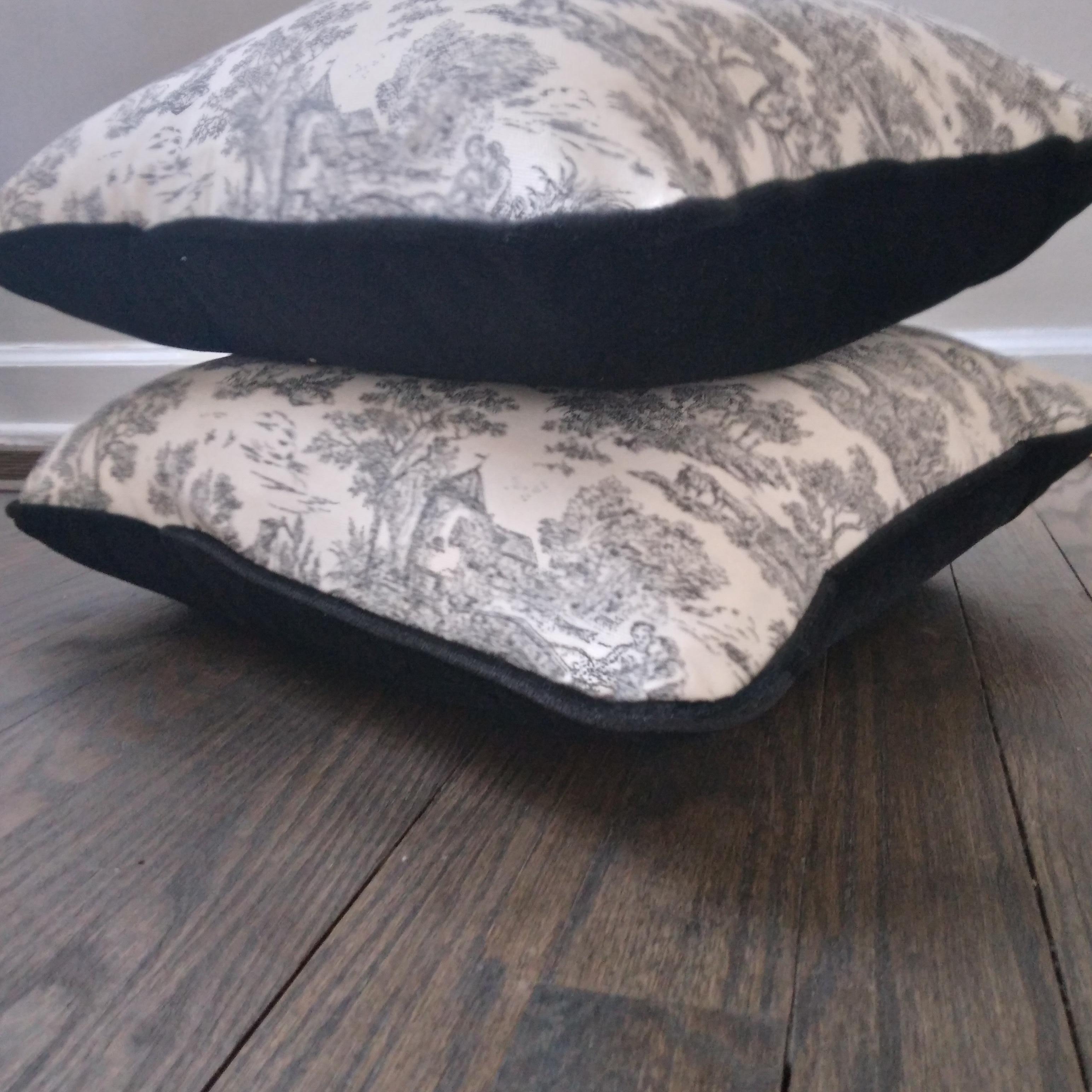 Black and White Toile Print Pillows with Black Velvet Backing - a pair For Sale 2