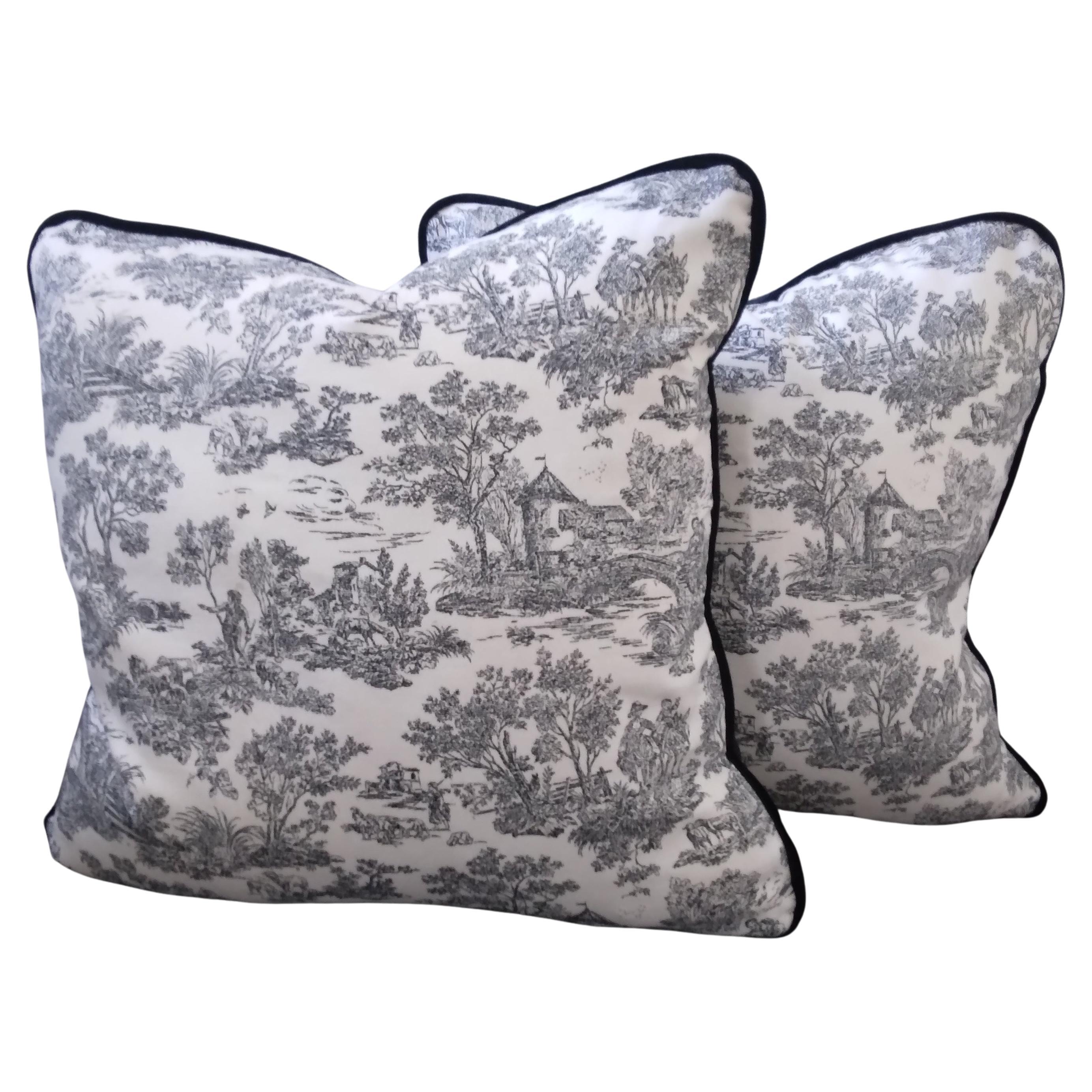 Black and White Toile Print Pillows with Black Velvet Backing - a pair For Sale