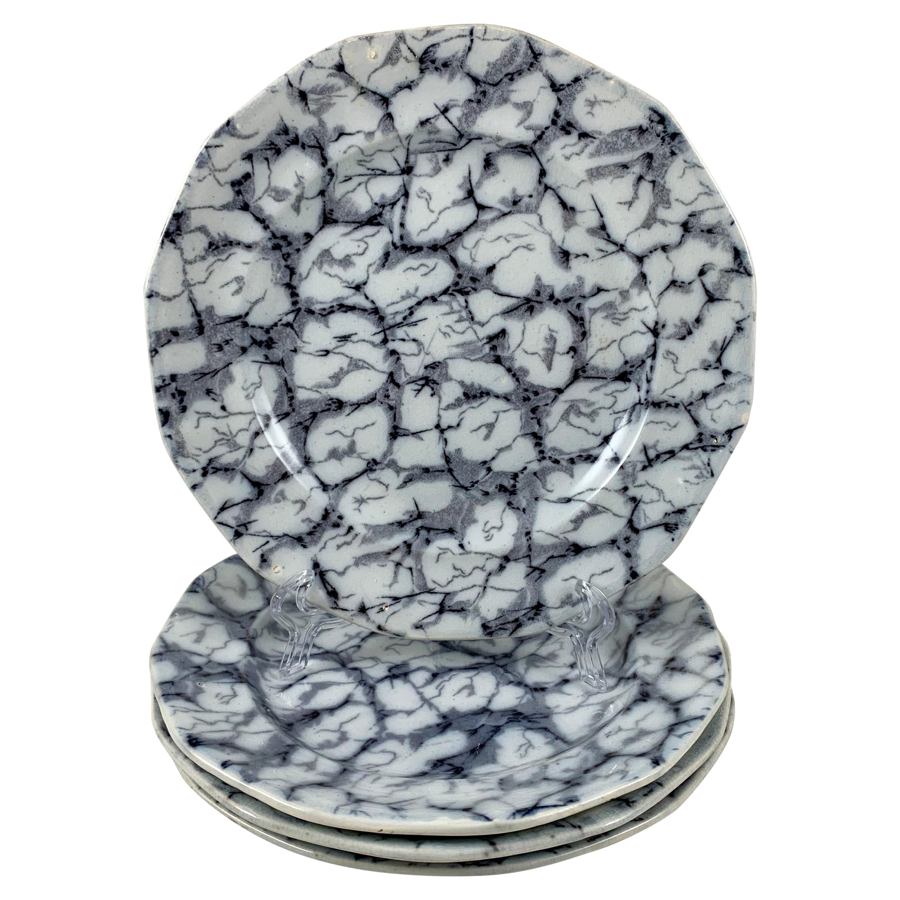 Black and White Transferware Marble or Cracked Ice Ironstone Plates, Set of 4 For Sale
