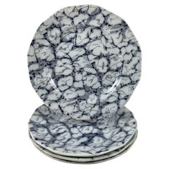 Antique Black and White Transferware Marble or Cracked Ice Ironstone Plates, Set of 4