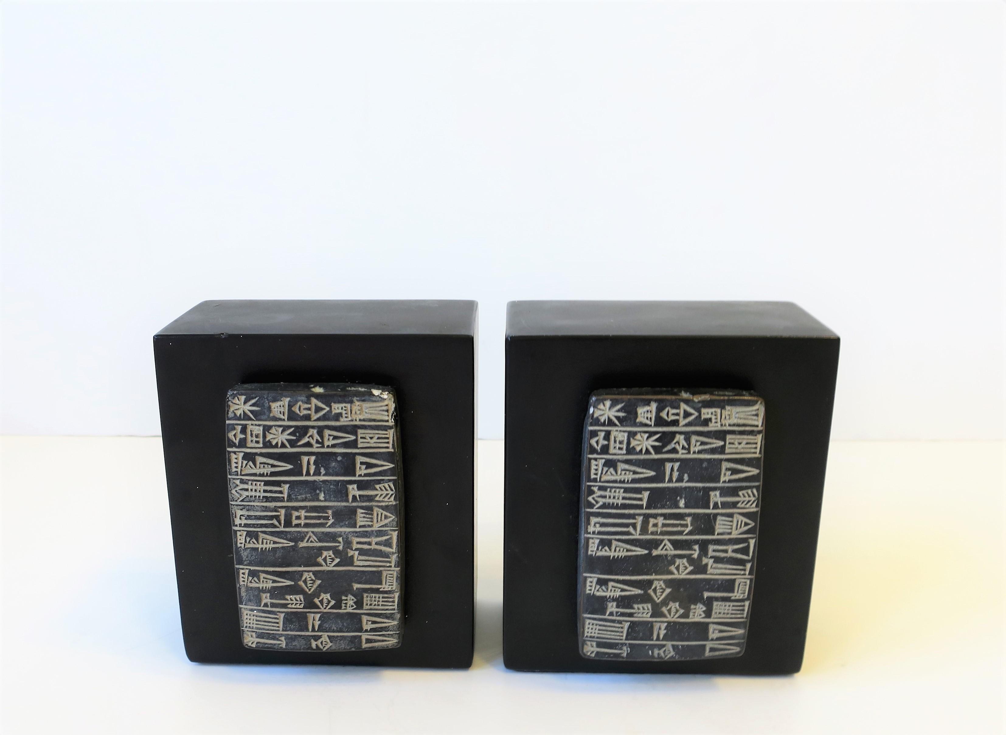 Painted Black and White Plaster Bookends with Tribal Design, Pair