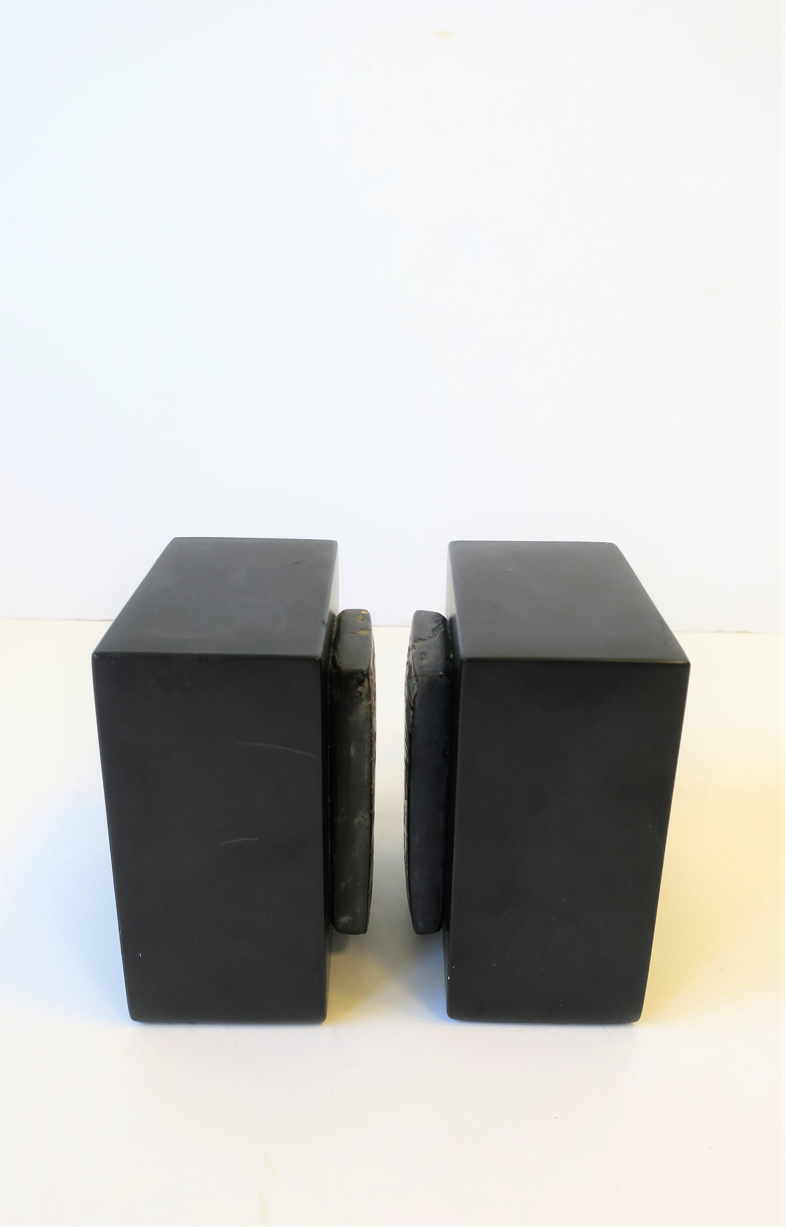 Black and White Plaster Bookends with Tribal Design, Pair 1