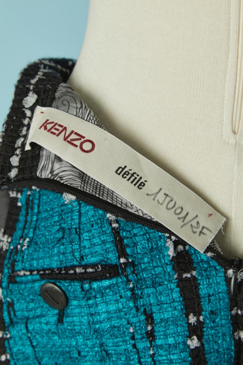 Schwarz-weißer Tweed-Rock mit blauem Aufdruck auf KENZO im Angebot 2
