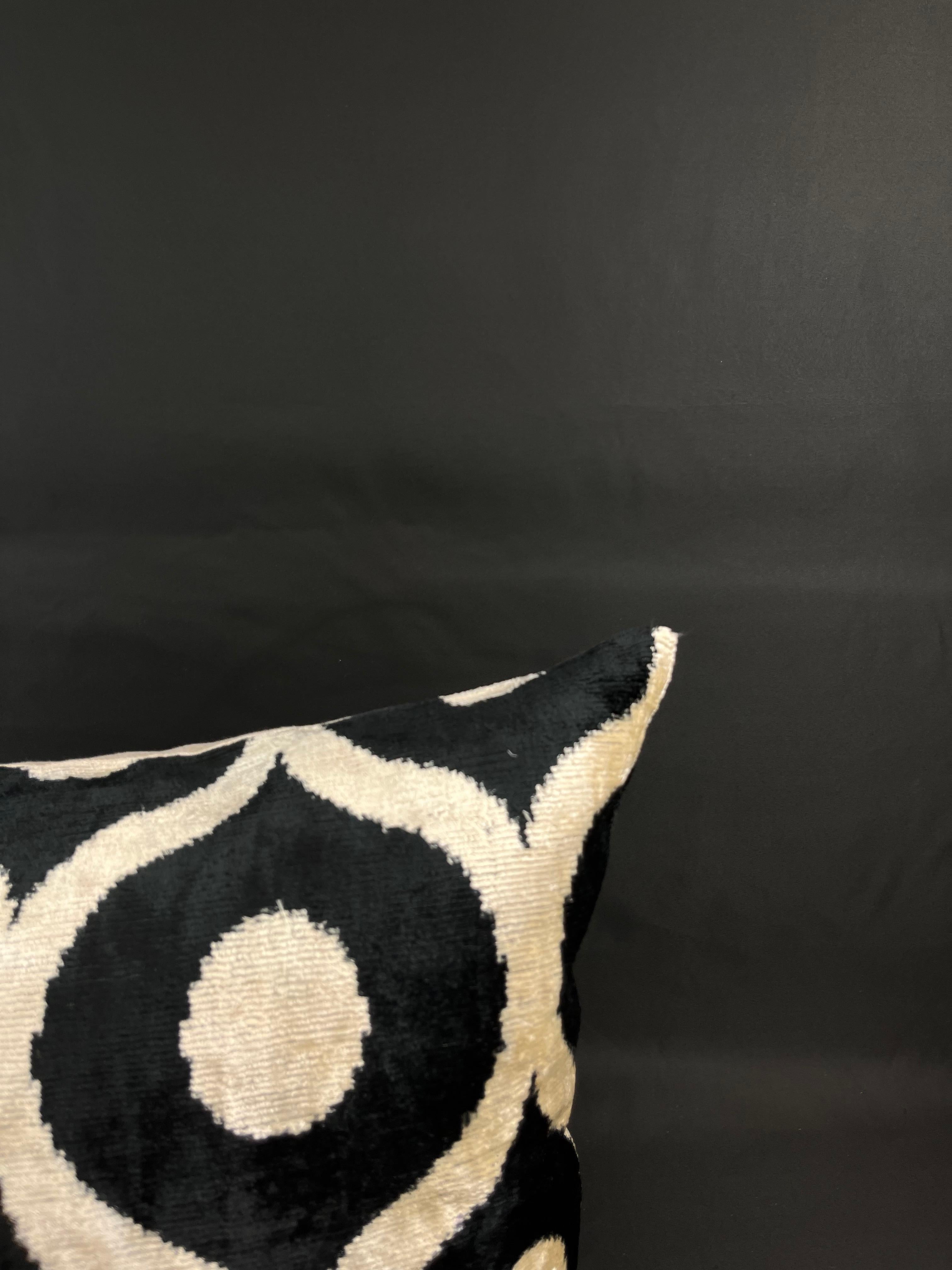 Modern Black and White Velvet Silk Ikat Pillow Cover
