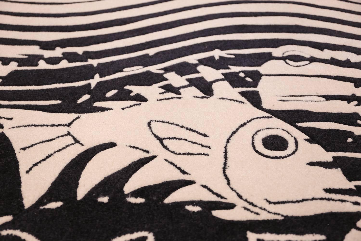 Breathtaking Vintage Scandinavian Black and White Maurits Escher Art Rug, Country of Origin / Rug Type: Scandinavia Rug, Circa Date: Mid – 20th Century. Size: 5 ft 7 in x 8 ft (1.7 m x 2.44 m)

Escher often introduced surrealism into his work, as in